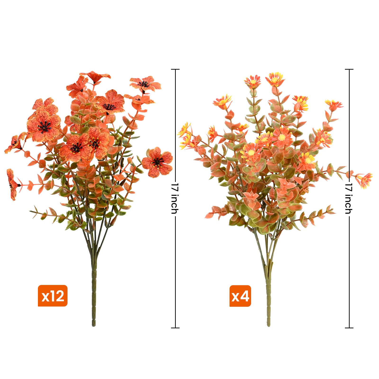 Fiori artificiali autunnali per esterni, interni, giardino, decorazione per la casa, margherita con foglie di eucalipto, piante finte per mamme, verande, verande, patio, 16 fasci (arancione autunnale)