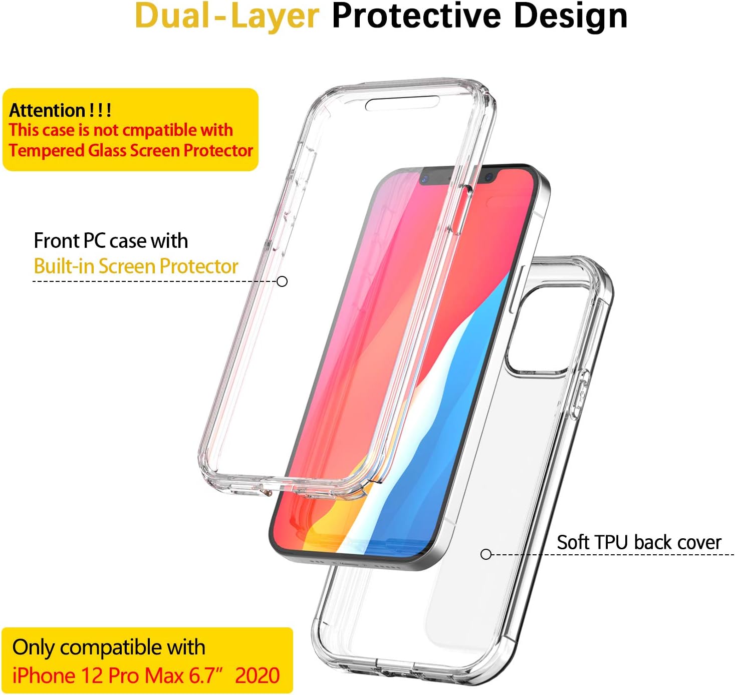 TOPSKY Case Compatible with iPhone 12 Pro Max 6.7 inch 2020,Built-in Screen Protector Full Body Shockproof Heavy Duty Protection Durable Strong Protective Hard Phone Cases Cover,Clear