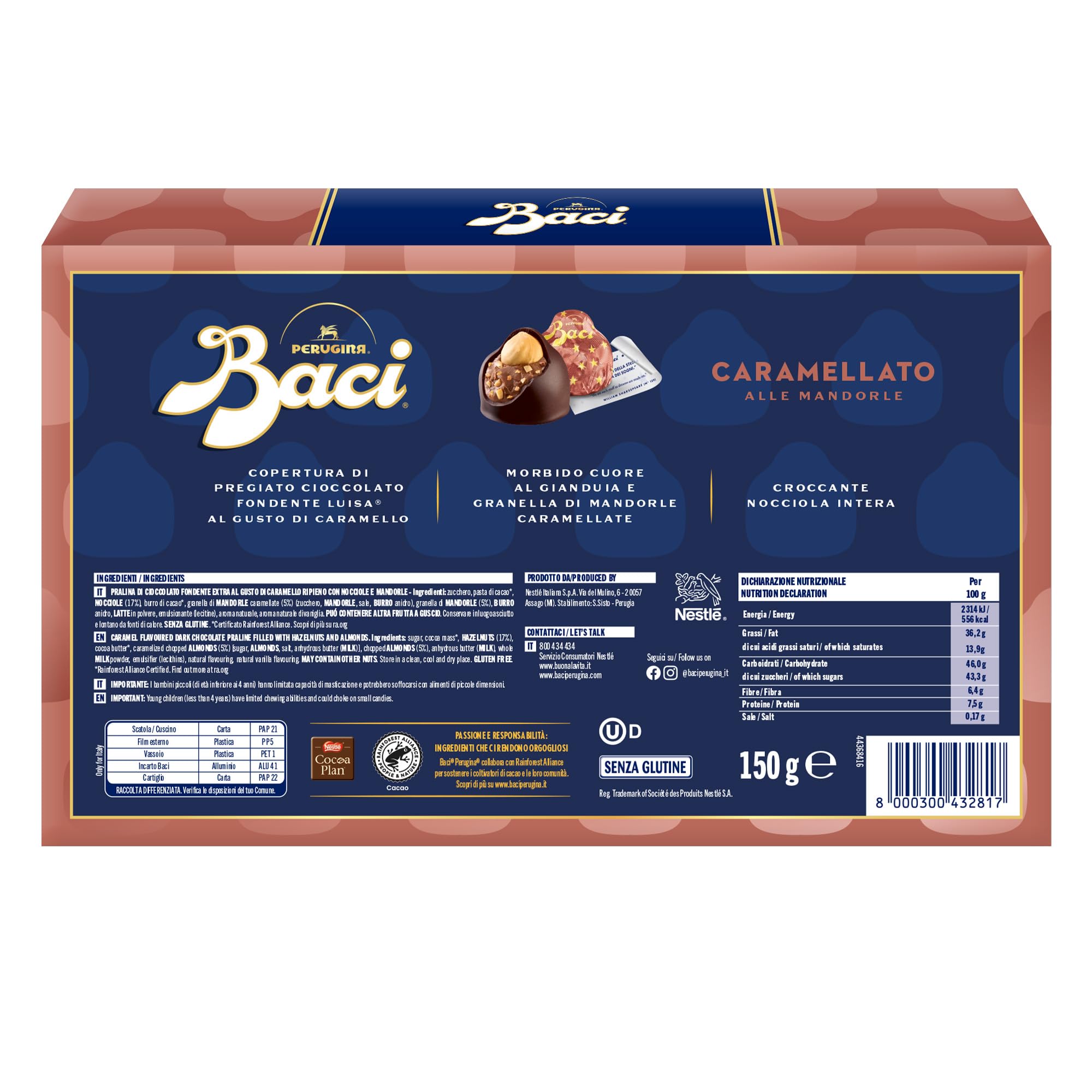 BACI PERUGINA Caramellato alle Mandorle Cioccolatini Fondenti ripieni al Gianduia, Scatola Regalo 150g