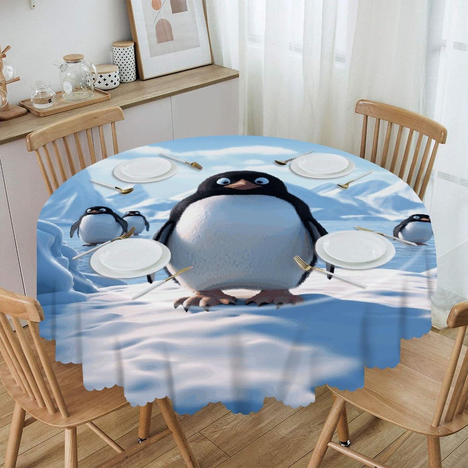 LZQPOEAS Penguin Antarctica Ice-png Round Tablecloth Rustic Circle Table Cloth Wrinkle Resistant Decor Tablecloth Waterproof Washable Table Cover for Kitchen Party Dining Table 60 Inch