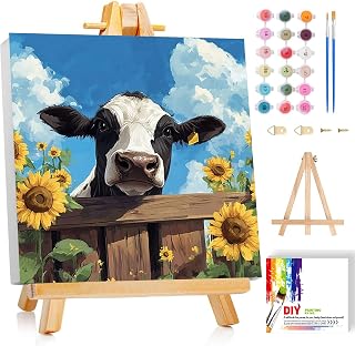 ajepon Cow Paint by Numbers Kit for Kids with Frame - Highland Cow Paint by Number for Kids, Kid Painting by Number Kits Age 6-8 for Home Wall Decor 8X8inch (with Wooden Easel)