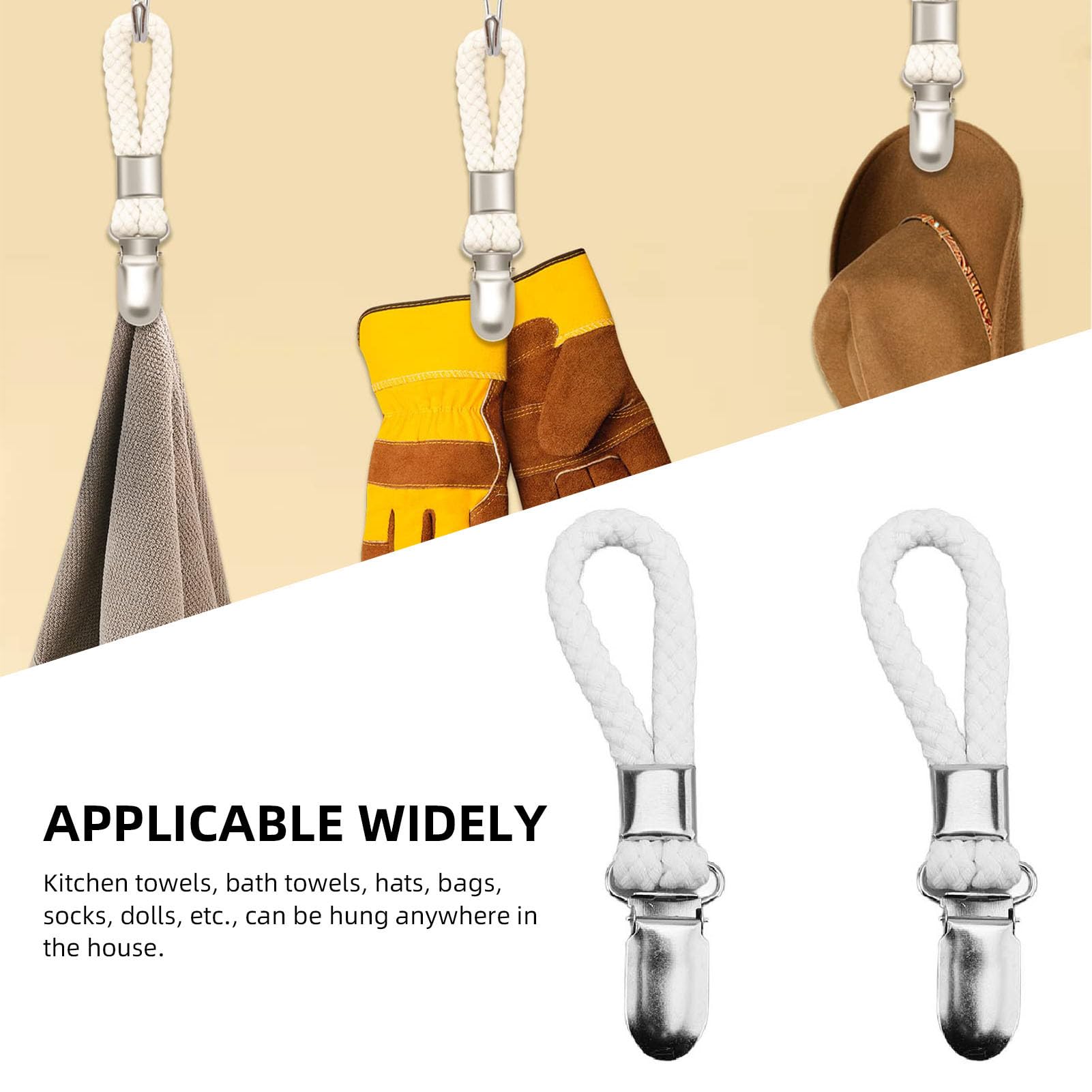 Zunate 6 PCS Beach Towel Clip, Stainless Steel Rustproof Hooks with Cotton Loops for Bathroom Kitchen RV, Space Saving Hanger Organizer, Heavy Duty Towel Clips (6PCS)