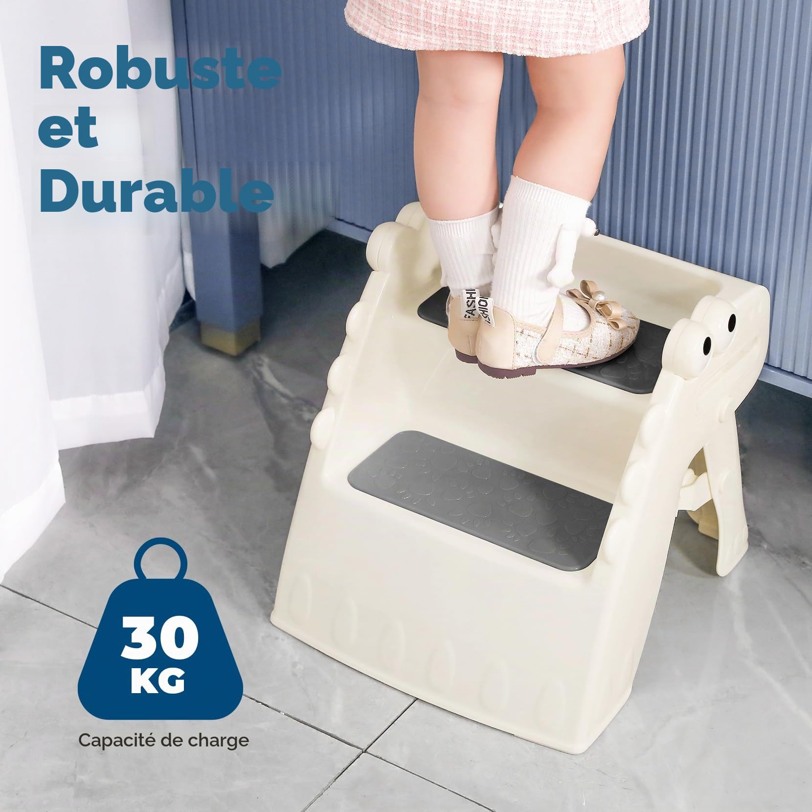 Marchepied Pliable pour Enfant, 2 marches, Antidérapant, Anti-basculement, Marche Enfant pour Salle de Bain et Cuisine (Crème)