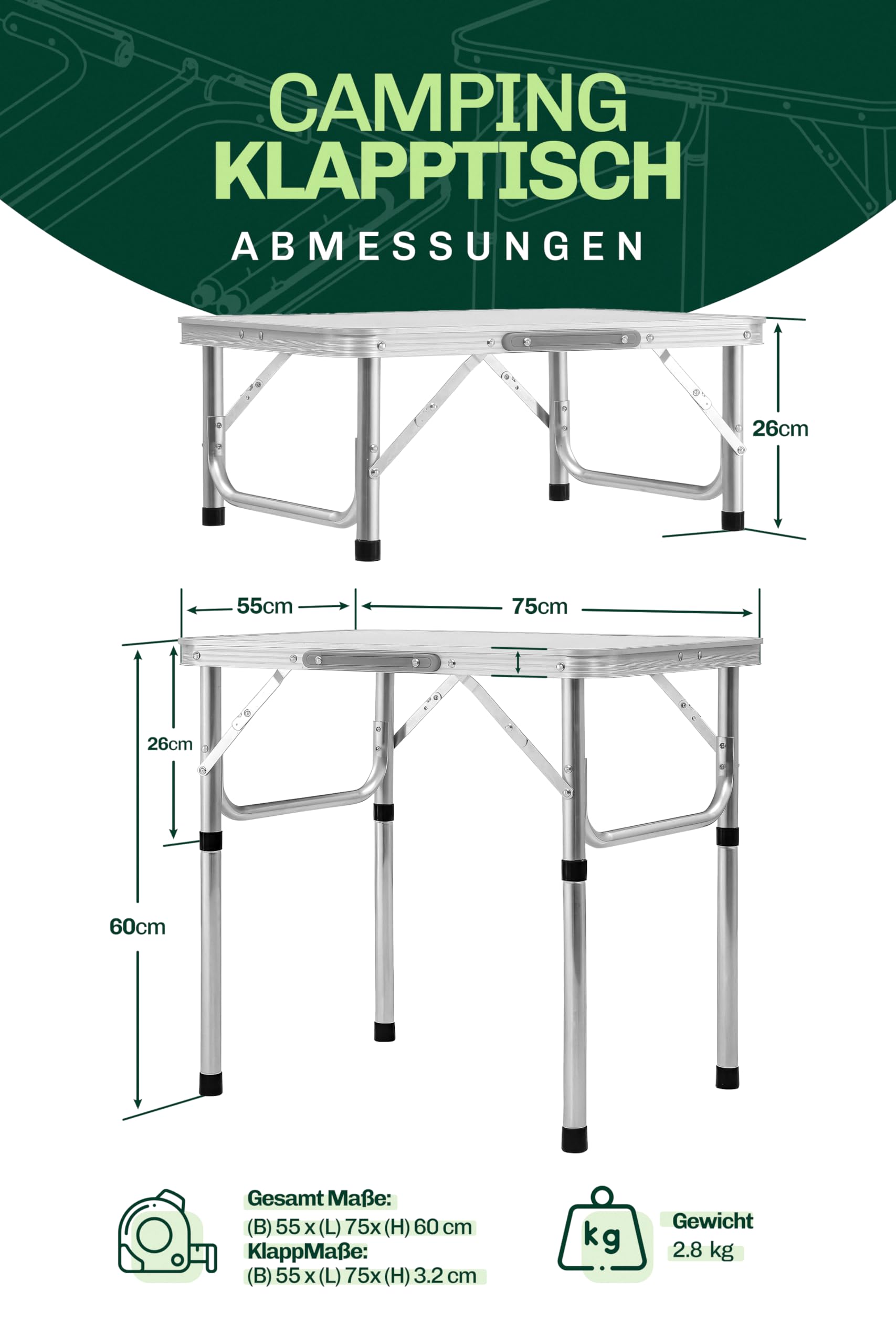 Blumixx Klapptisch Campingtisch - Verstellbare Höhe und Tragegriff - Superleicht aus Aluminium - 75x55x26/60cm – Faltbarer Garten- und Balkontisch