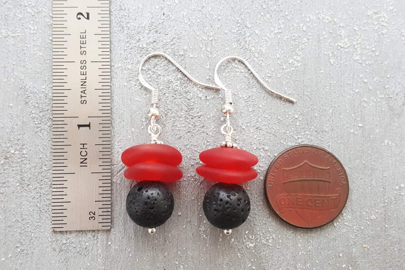 Hawaii Volcanic Eruption with "Lava and Fire" jewelry, Lava Rock and Red Sea Glass Earrings, (Hawaii Gift Wrapped, Customizable Gift Message)