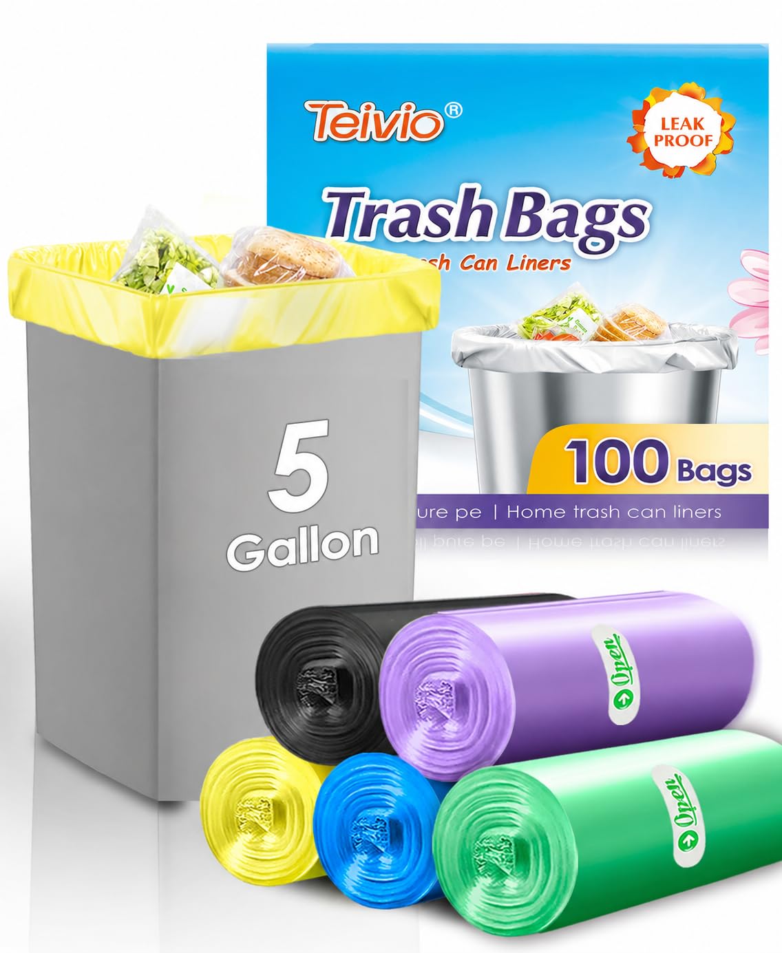 Teivio Colorful Clear Trash Bags 5 Gallon 100 Count Kitchen Garbage Bags
