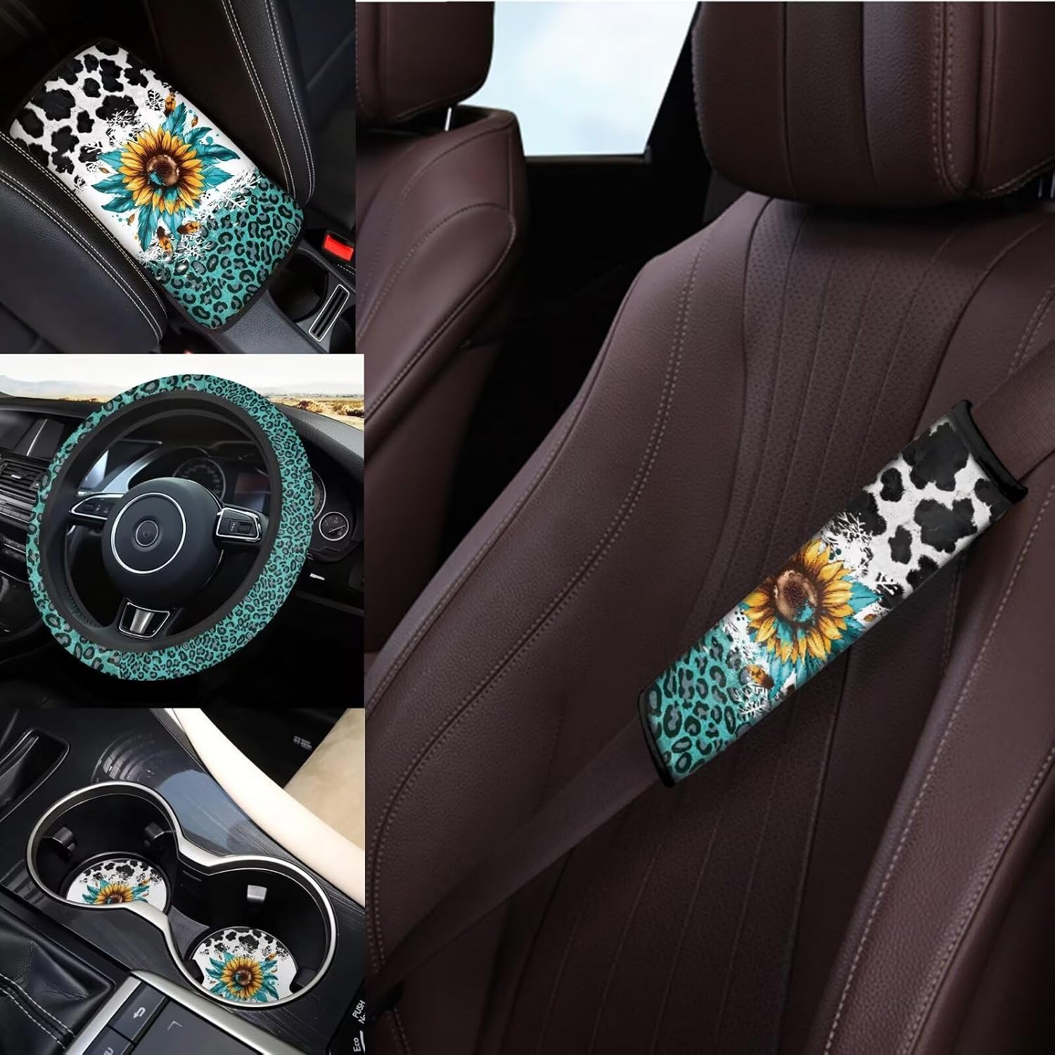 14Pcs Sunflower Cow Print Car Accessories Full Set for Women Man,Sunflower Car Seat Covers Set for Front and Rear,Universal Steering Wheel Cover Seat Belt Protector Set Car Interior Decor