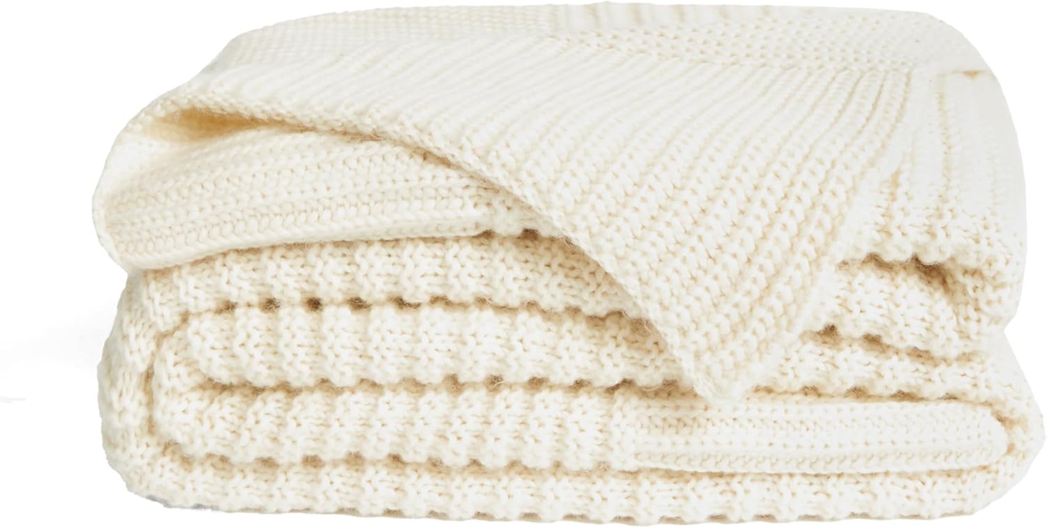 UnHide Melange Knit Blanket - 60" x 80" Textured & Ultra-Soft Wool Throw - Timeless & Breathable Knitted Blanket for Bedroom & Living Room - Snow White