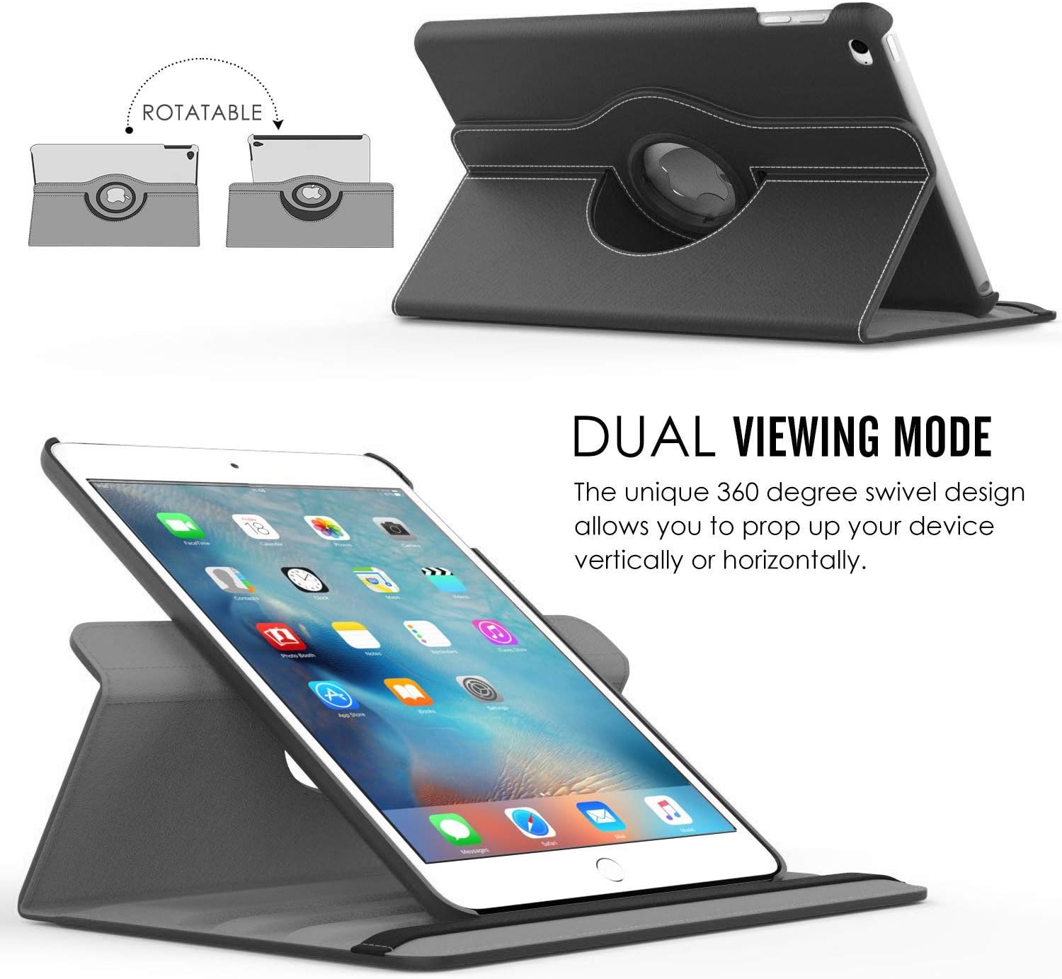 New iPad 2017 9.7" / iPad Air 2 Leather Case,360 Degree Rotating Stand Smart Cover with Auto Sleep Wake for Apple iPad Air or New iPad 9.7 Inch 2017 Tablet (Black)