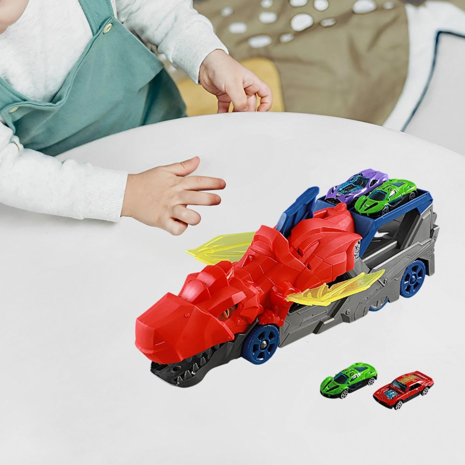 2 Pezzi Dinosaur Transport Truck Pista Veicolo Lanciatore Trasportatore Die-Cast E Camion Carrier Funzione Bocca Apribile Mobili, Rosso con 2 Auto