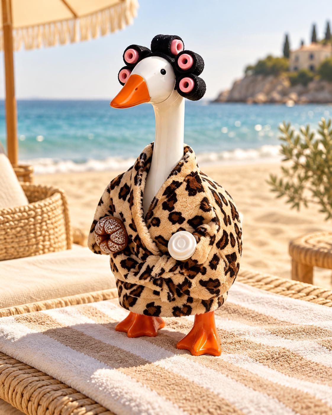 Leopard Print Bathrobe Desk Goose Outfit, 7 inches, with Bagel Coffee Cup Decoration Made of Milk Velvet, for Desktop Magnetic Goose Keychain, Holiday Decorative Figurine. (Leopard) image 5