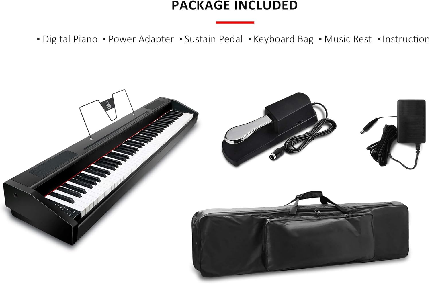 Package contents of SOUIDMY G-310W Digital Piano, showing the digital piano, power adapter, sustain pedal, keyboard bag, music rest, and instruction manual.