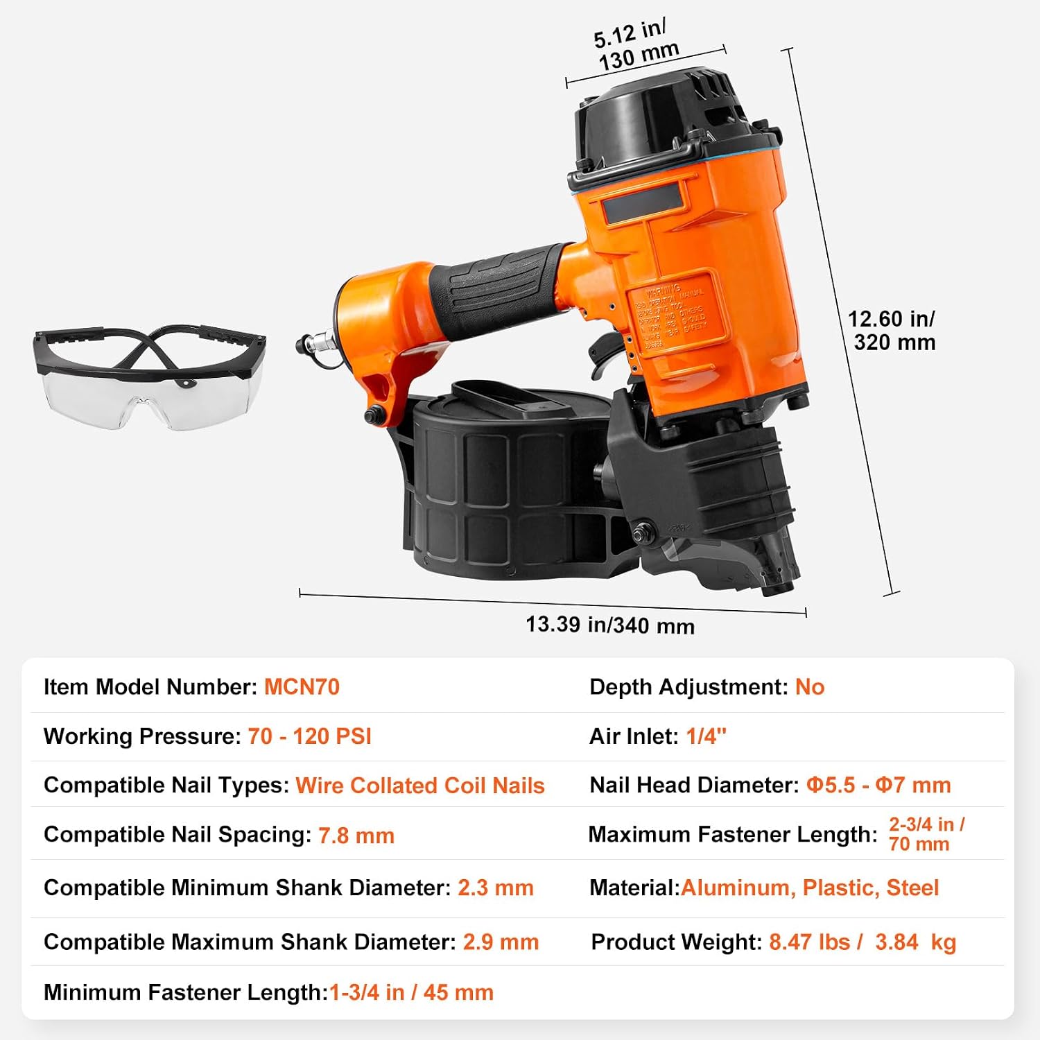 Happybuy Coil Siding Nailer MCN70, 1-3/4" to 2-3/4" 15 Degree Pneumatic Siding Nail Gun, 70-120PSI Air Coil Nailer for Pallet, Crating, Framing, Siding and Fencing
