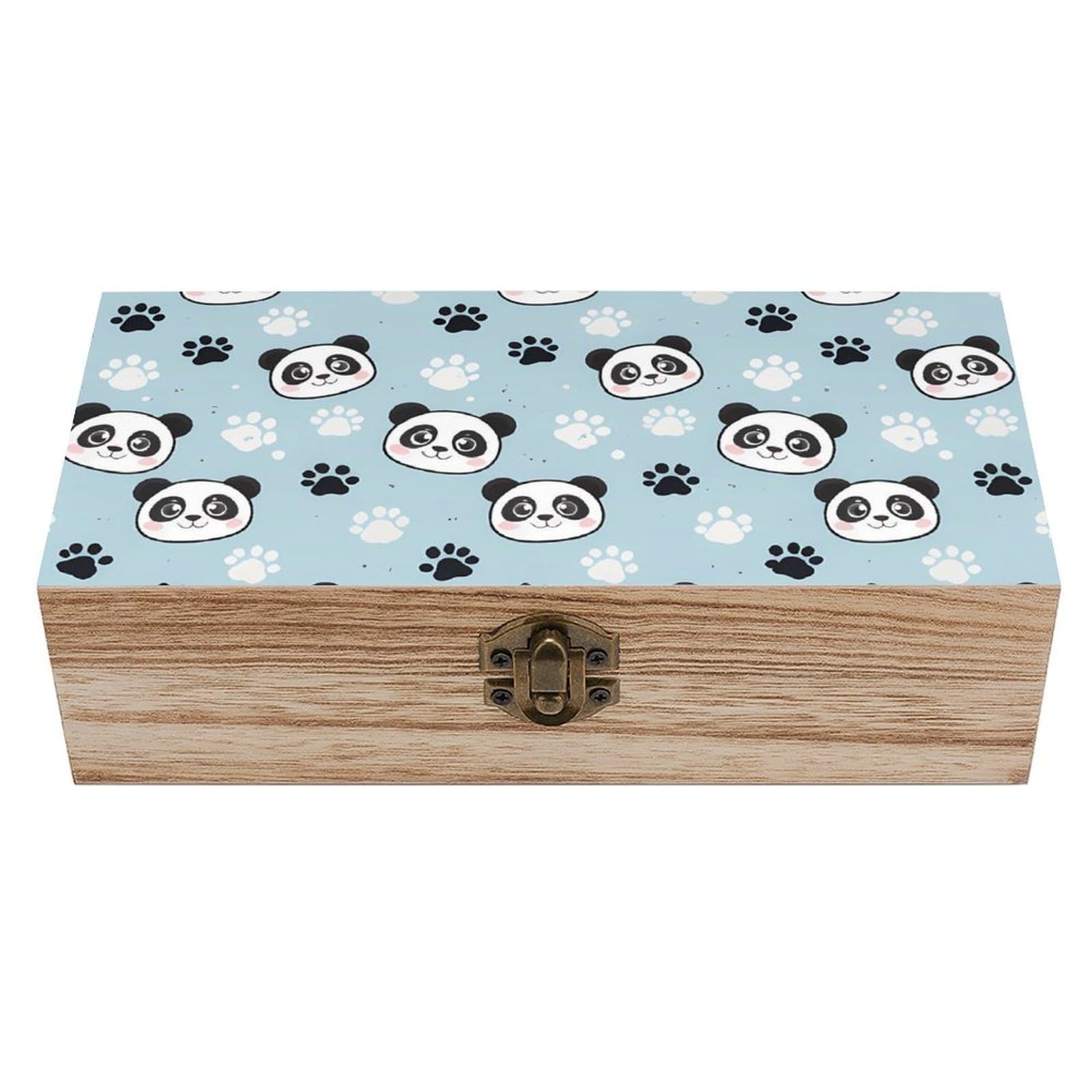 SMAZDFXX Blue Panda Wooden Storage Box With Hinged Lid Decorative Front Clasp Keepsake Boxes