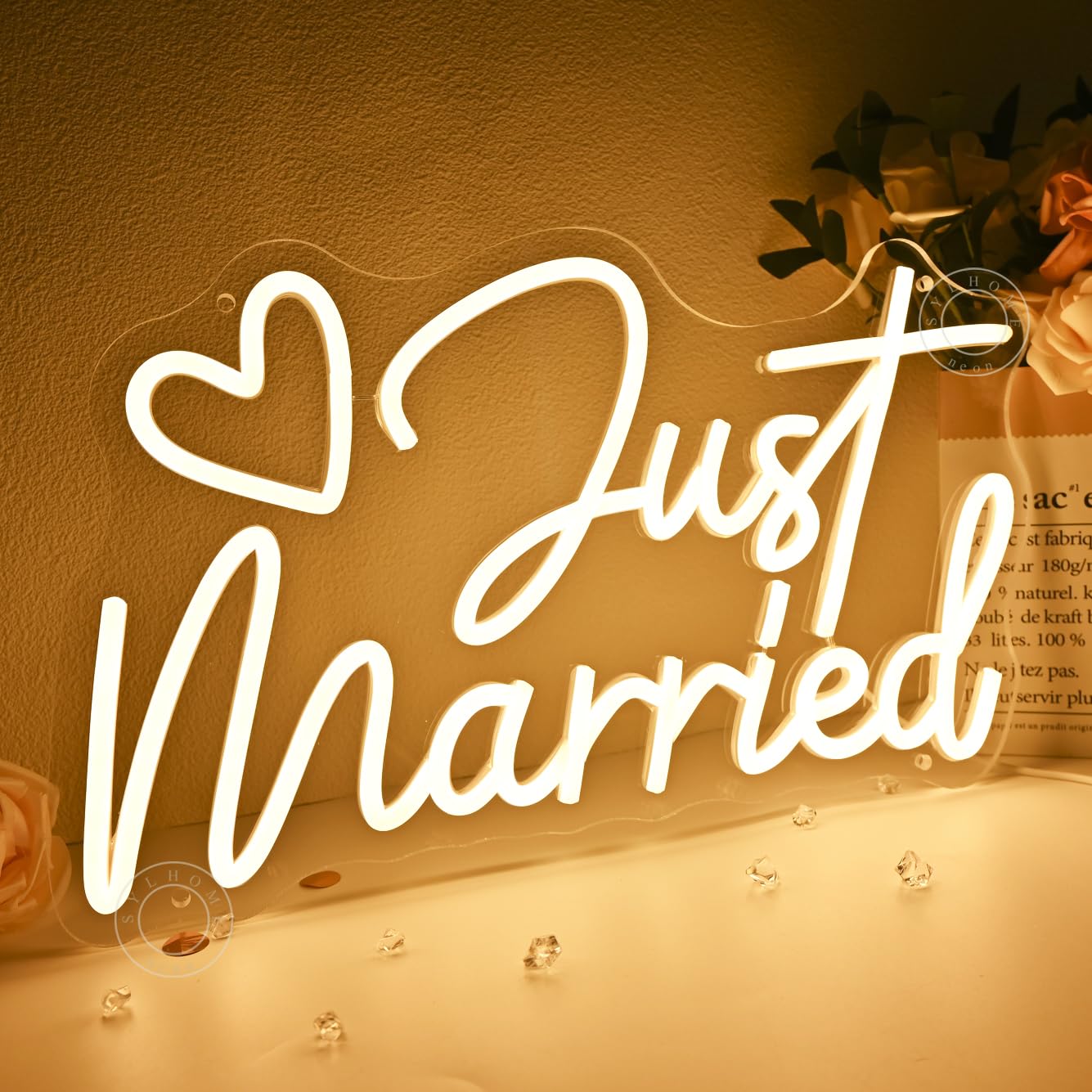 SYLHOME Just Married LED-Neon-Lichtschild, Herz, Hochzeit, Brautparty, Hintergrund, Schlafzimmer, Wandschild, Dekoration, Verlobung, Antrag, Party, beleuchtetes Schild, Geschenke, 40 x 23,5 cm, USB