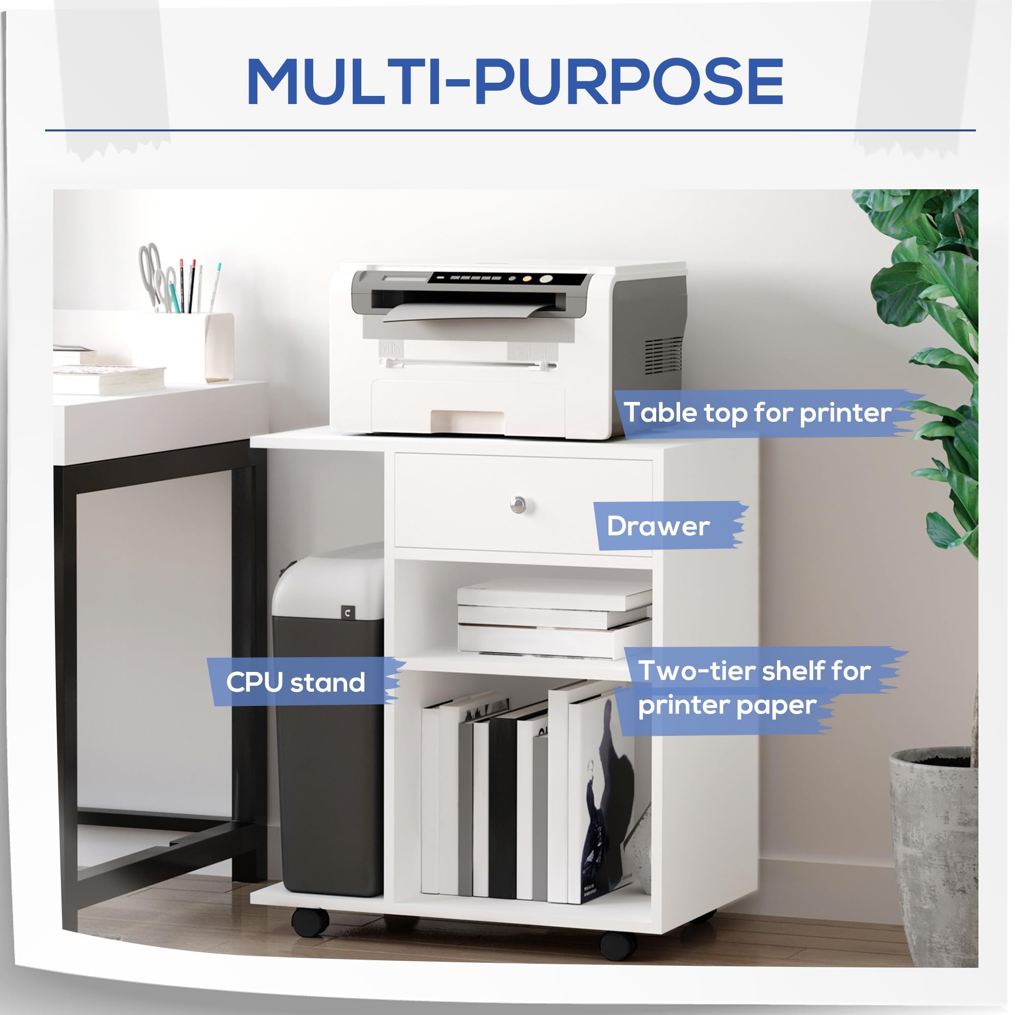 Supporto per Stampante Mobile, Carrello Portadocumenti con Ruote, Ripiano Regolabile, Cassetto E Supporto per CPU