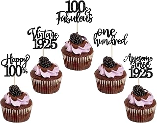 30 Pack Vintage 1925 Cupcake Toppers Glitter Happy 100th One Hundred Awesome Since 1925 Cupcake Picks 100 Fabulous Cake Decorations for 100th Birthday Wedding Anniversary Party Supplies Black