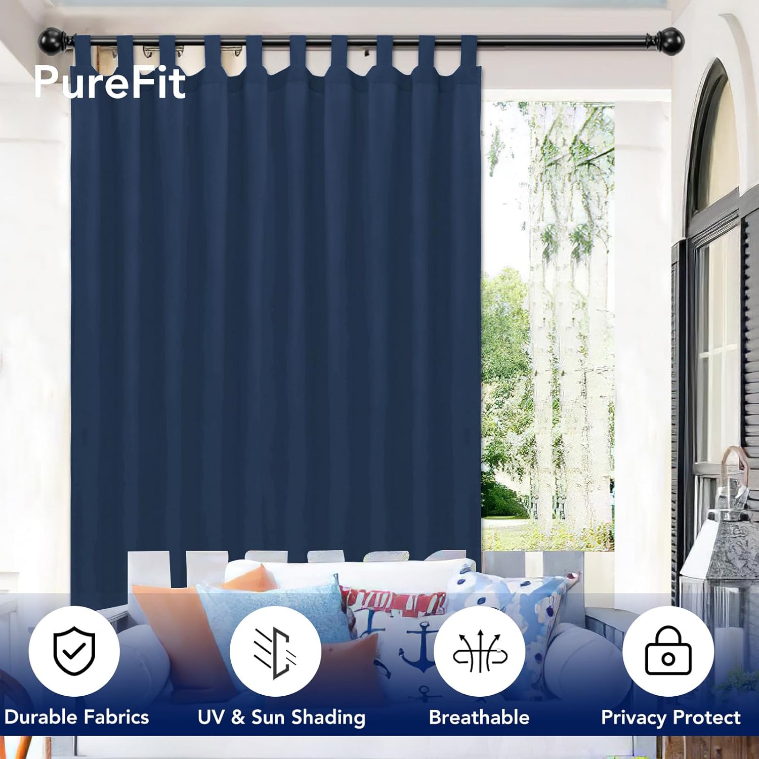 PureFit Outdoor Curtains for Detachable Sticky Tab Top Patio Waterproof/Weatherproof, UV and Fade Resistant Outside Curtains for Gazebo, Porch, Pergola, Privacy Curtain, 110 x 84 inch, 2 Panels, Navy
