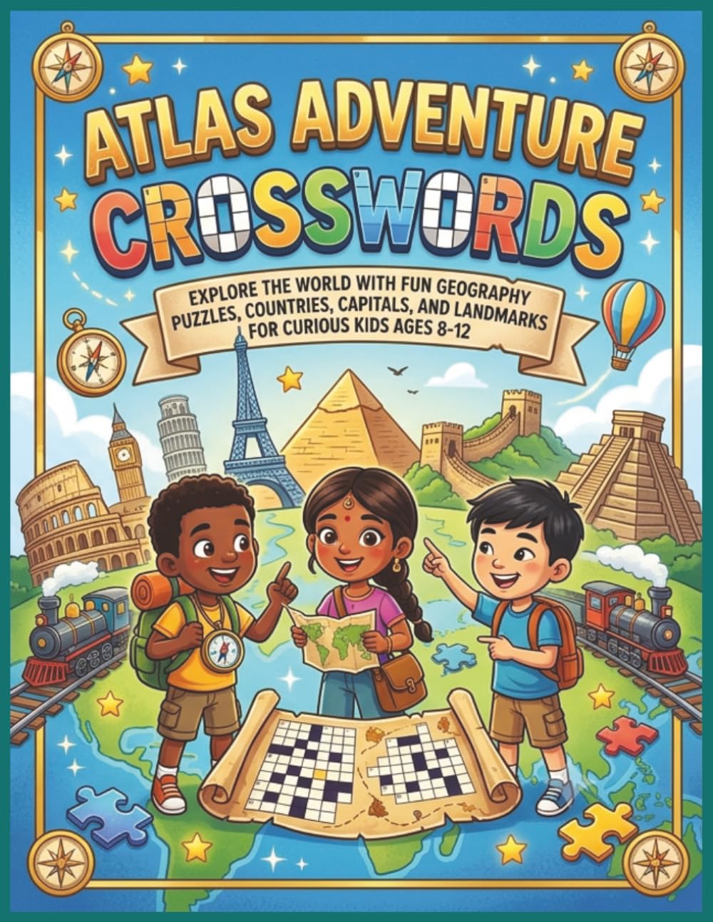 ATLAS ADVENTURE CROSSWORDS FOR KIDS: Explore the World with Fun Geography Puzzles, Countries, Capitals, and Landmarks For Curious Kids Ages 8-12 Large ... difficulty level for kids and Teens