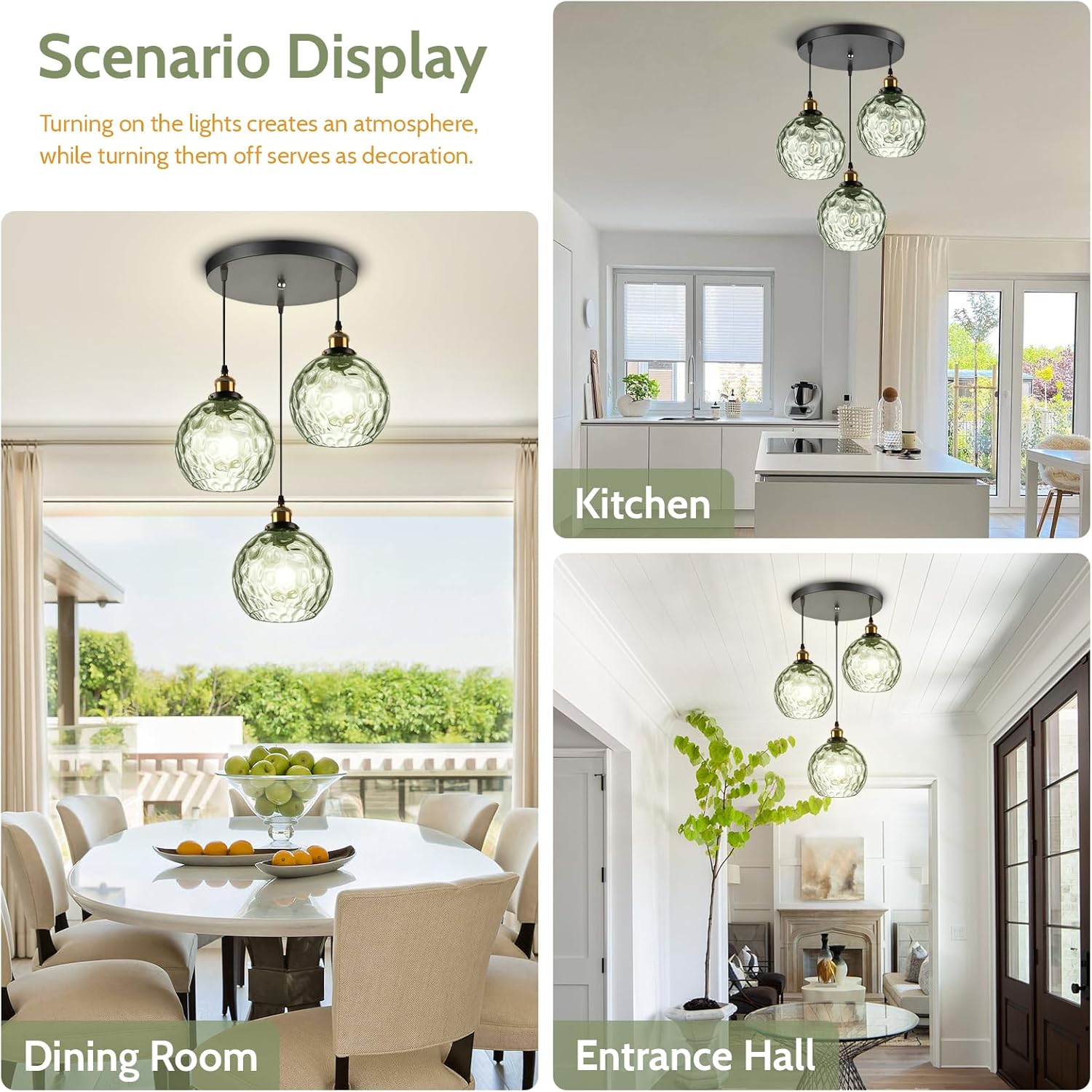 3-Light Pendant Lighting Green Hammered Glass Kitchen Light Fixtures Ceiling Hanging Kitchen Lights Over Island Mid Century Modern Globe Cluster Chandelier Black and Gold for Dining Room