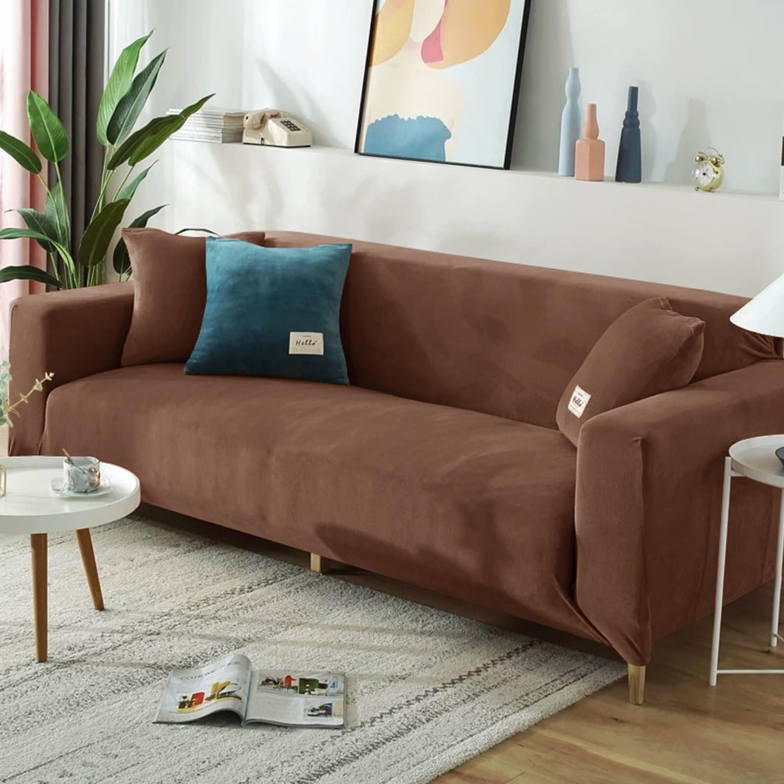 BUAOGDVG Stretch Sofa Cover, Plush Turquoise Universal Sofa Cover for 1/2/3/4 Seater Sofa Slipcover with Armrests for Furniture Protection(Café,3-Seater)