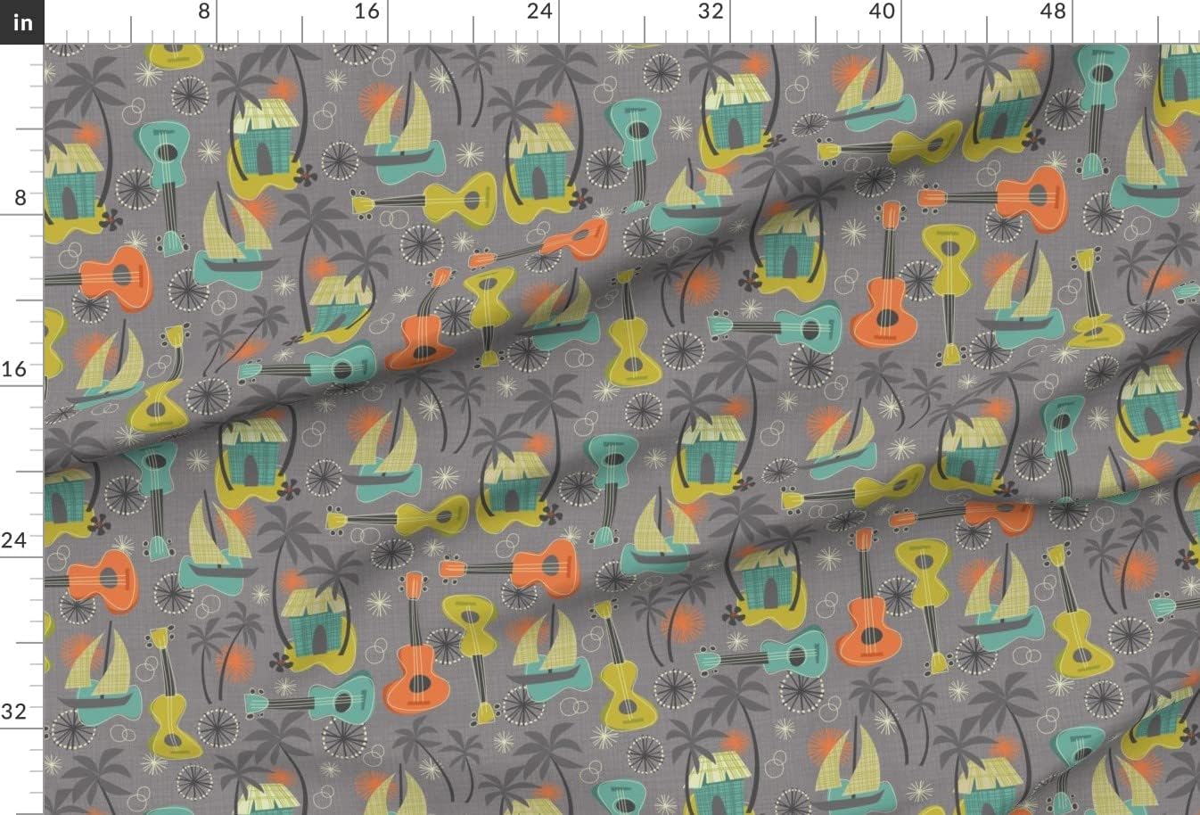 Spoonflower Fabric - Retro Ukulele Hawaii Island Mid Century Modern Palm Trees Tiki Orange Printed on Upholstery Velvet Fabric Fat Quarter - Upholstery Home Decor Bottomweight Apparel