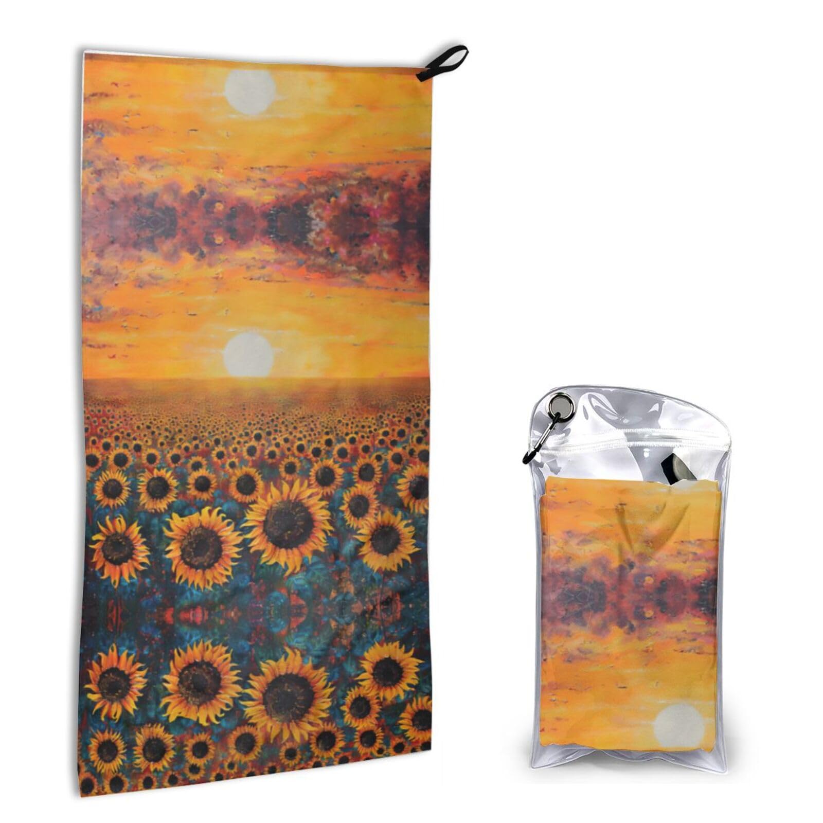 Sunflower Field Sunset Sea Of Flowers Print Quick Dry Microfiber Towel 16x31.5 Inches, Super Absorbent Lightweight Compact Travel Towel With Carabiner & Carry Bag For Outdoor, Beach, Gym, Camping