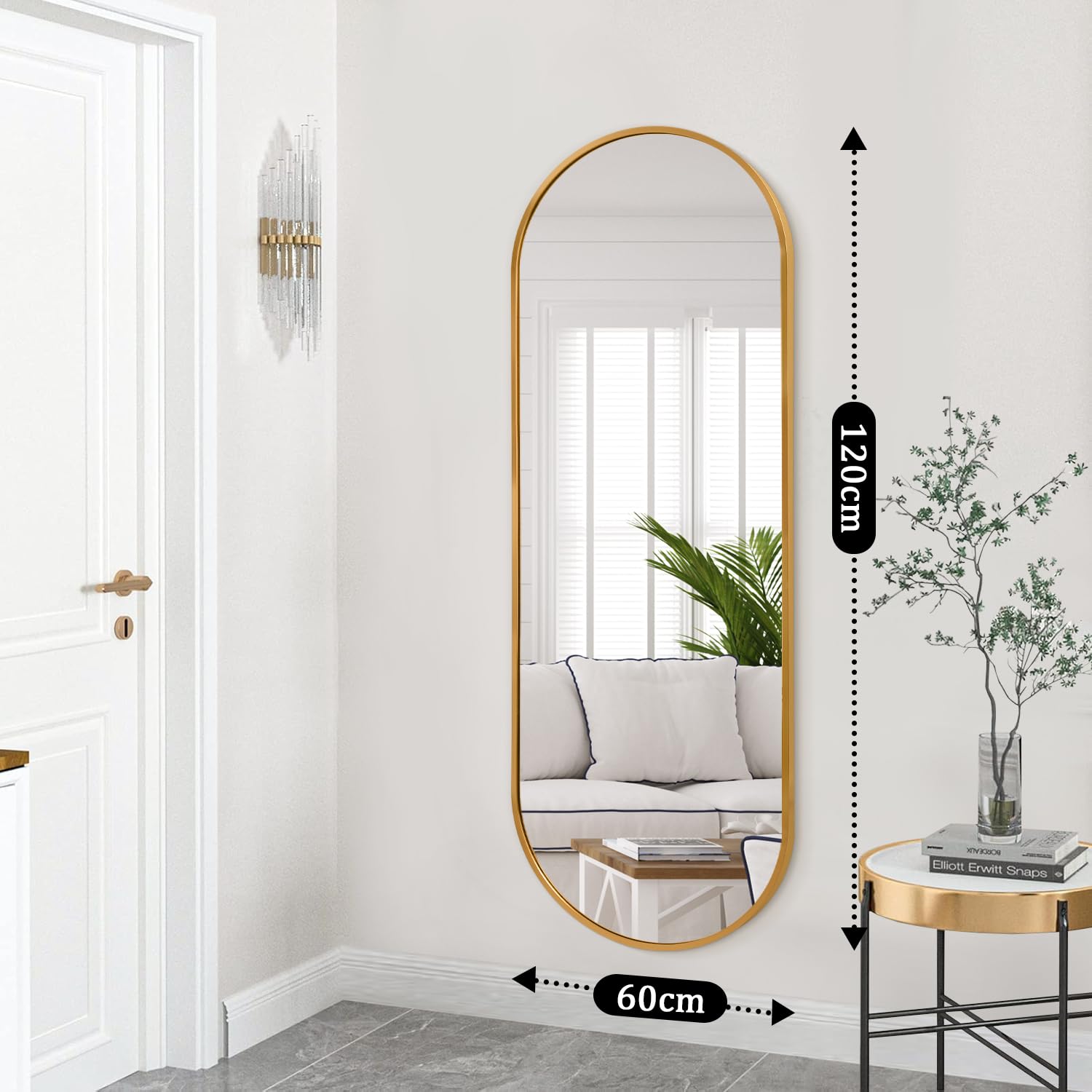 JJUUYOU Miroir de salle de bain ovale pleine longueur miroir mural en métal doré 120 x 60 cm encadré en alliage d'aluminium miroirs de chambre à coucher pour salon, entrée, dortoir et entrée