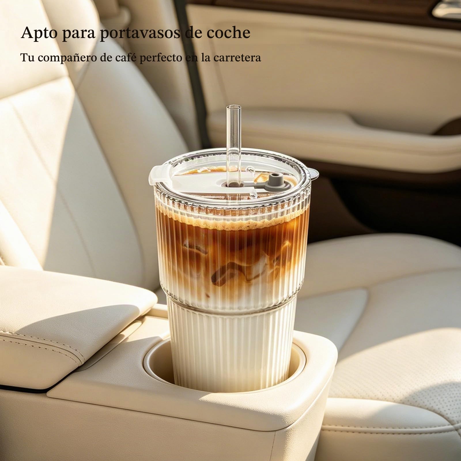 INSETLAN Vasos de vidrio acanalado de 20 onzas con tapas y popotes de vidrio, juego de cristalería de 4 piezas, pared gruesa, ideal para café helado, batidos, cócteles y jugos, vasos elegantes y