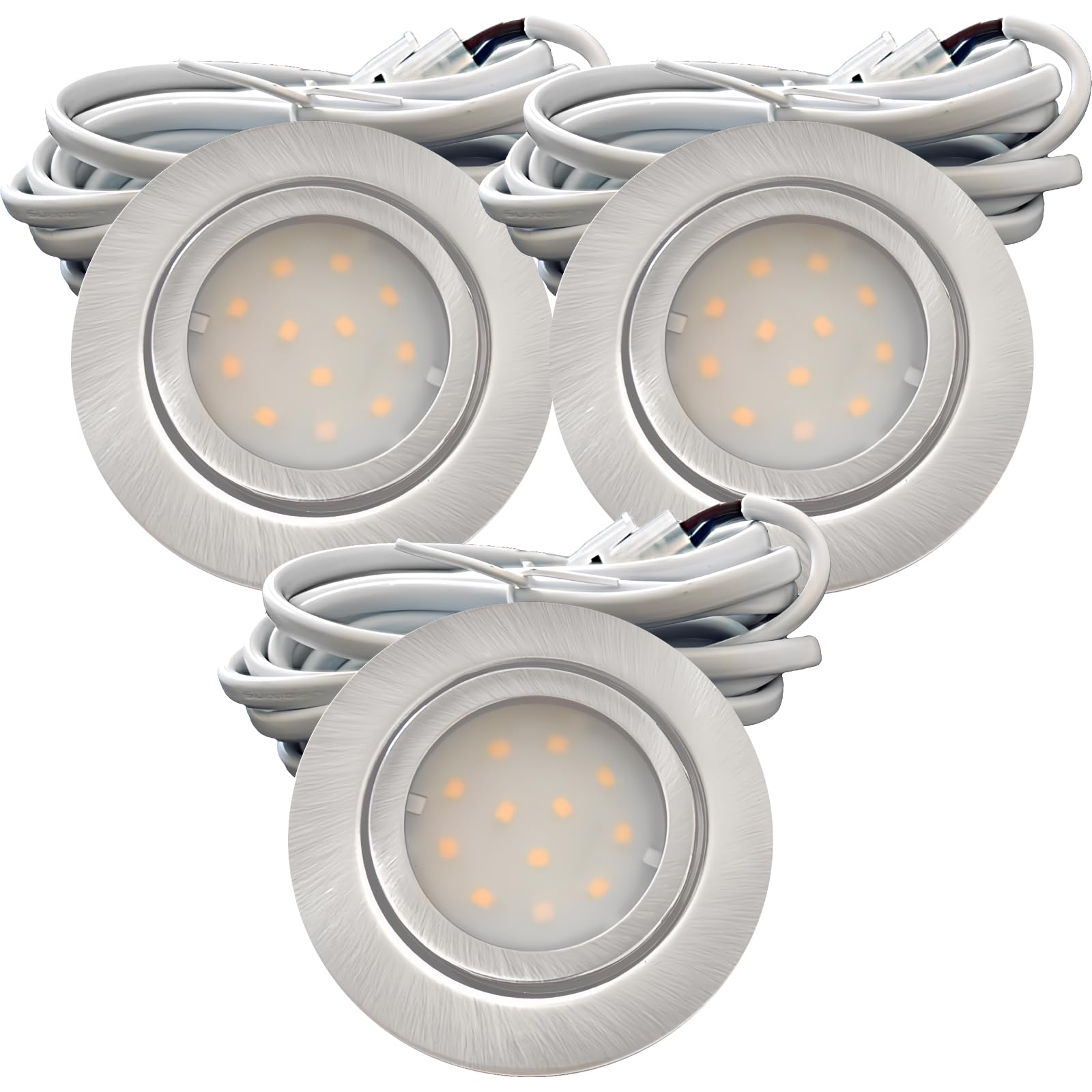 3er Set IP44 LED Möbeleinbauleuchten 12V DC, extra flach, 2,4W Spot New Lina, 200lm, Silber (4000K) Neutralweiß, Bohrloch: 54-60mm, 2m Kabel mit AMP-Stecker. Für Möbel, Küche, Bad, Decken usw.