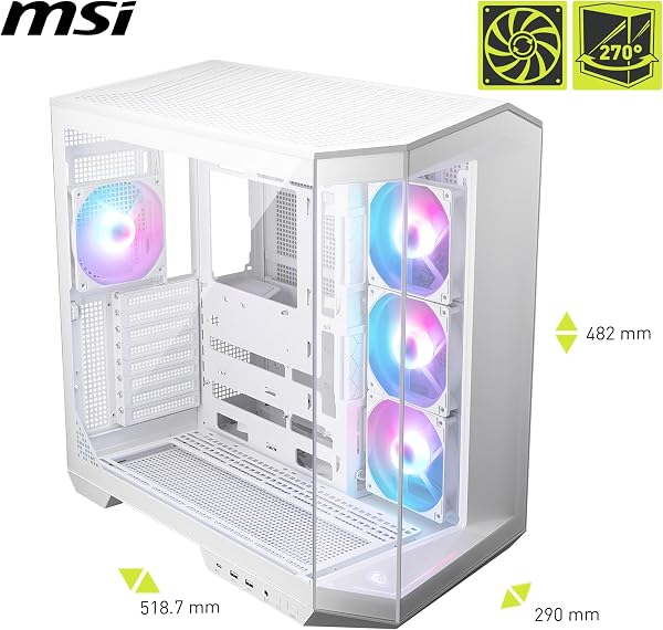 MSI MAG PANO 100R PZ WHITE ATX PC Case - ATX Capacity, Verical GPU Installation Bracket, GPU Holder, Dust Filters, Swinging Storage Bracket, Dual-chamber, USB 20Gbps Type-C - 2