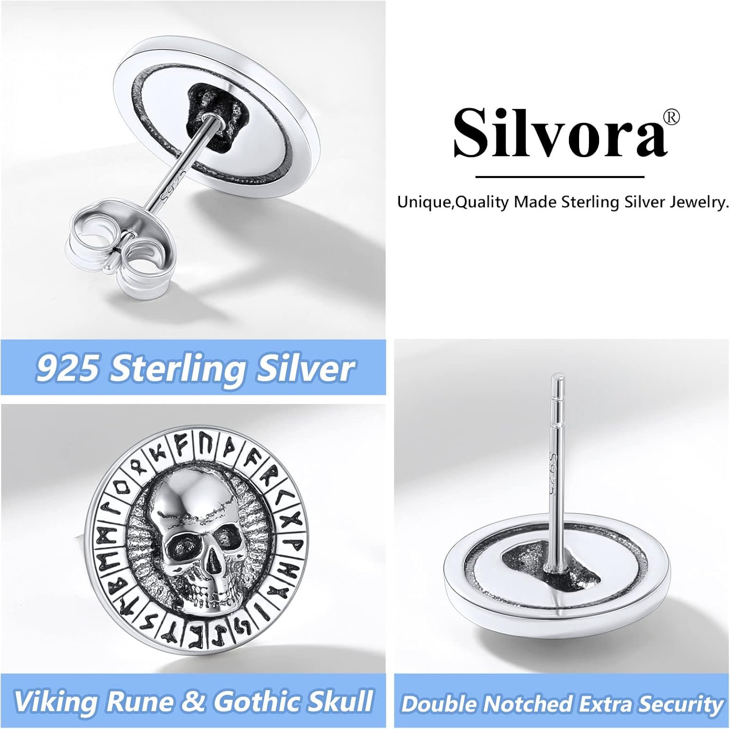 Viking Norse Runes Earrings Gothic Punk Skull Studs for Men Cool Masculine Skeleton Round Ear Charms Nickel Free