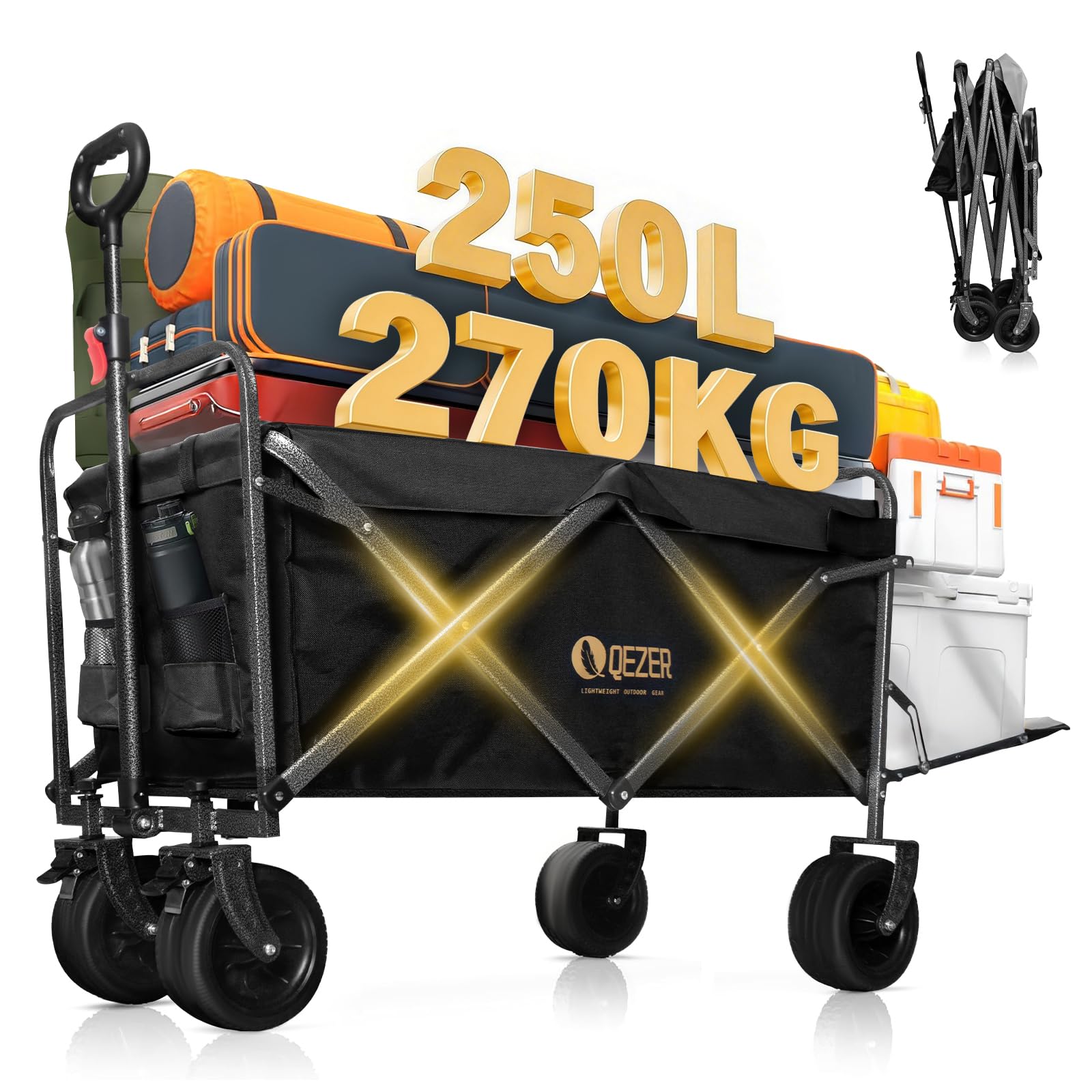 Carrito Plegable Cuenta con neumáticos Grandes, Frenos, Un Mango telescópico y Tela Impermeable, lo Que lo Hace Adecuado para Acampar, la Playa y Las Compras. (Negro 250 litros 270kg)