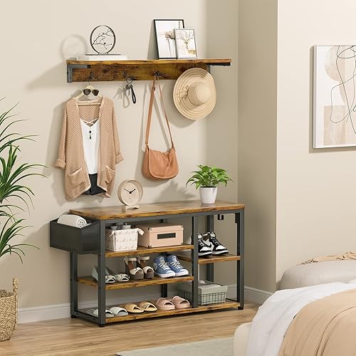 Miniatura 26 de Aiho Árbol de pasillo con banco de zapatos, industrial 4 en 1, perchero con 4 ganchos, 5 cubos de almacenamiento, para entrada, pasillo, color