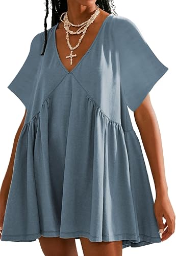 Freyhem Womens Summer Mini Dress Casual Short Sleeve Loose V Neck Swing Sundress