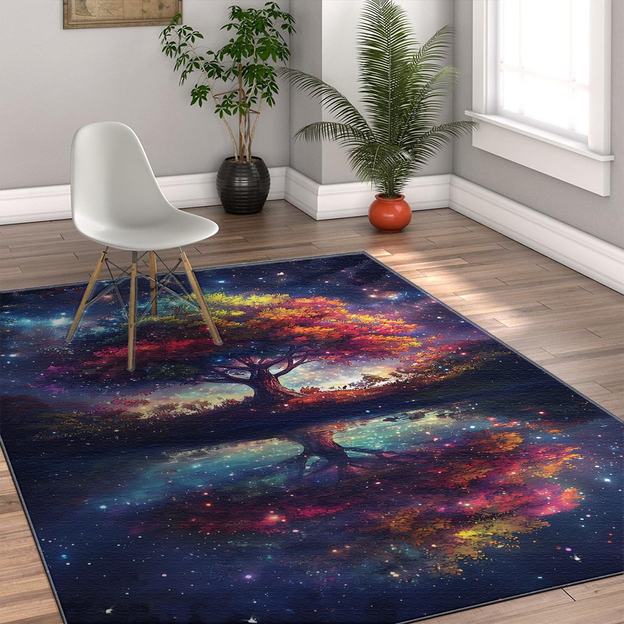 Tree of Life Area Teppich Bunte Fantasy Baum Teppiche für das Schlafzimmer Flur Magischer Sternenhimmel Spiegelbild Bodenmatte Niedrig Flor Waschbarer Teppich 160x230cm