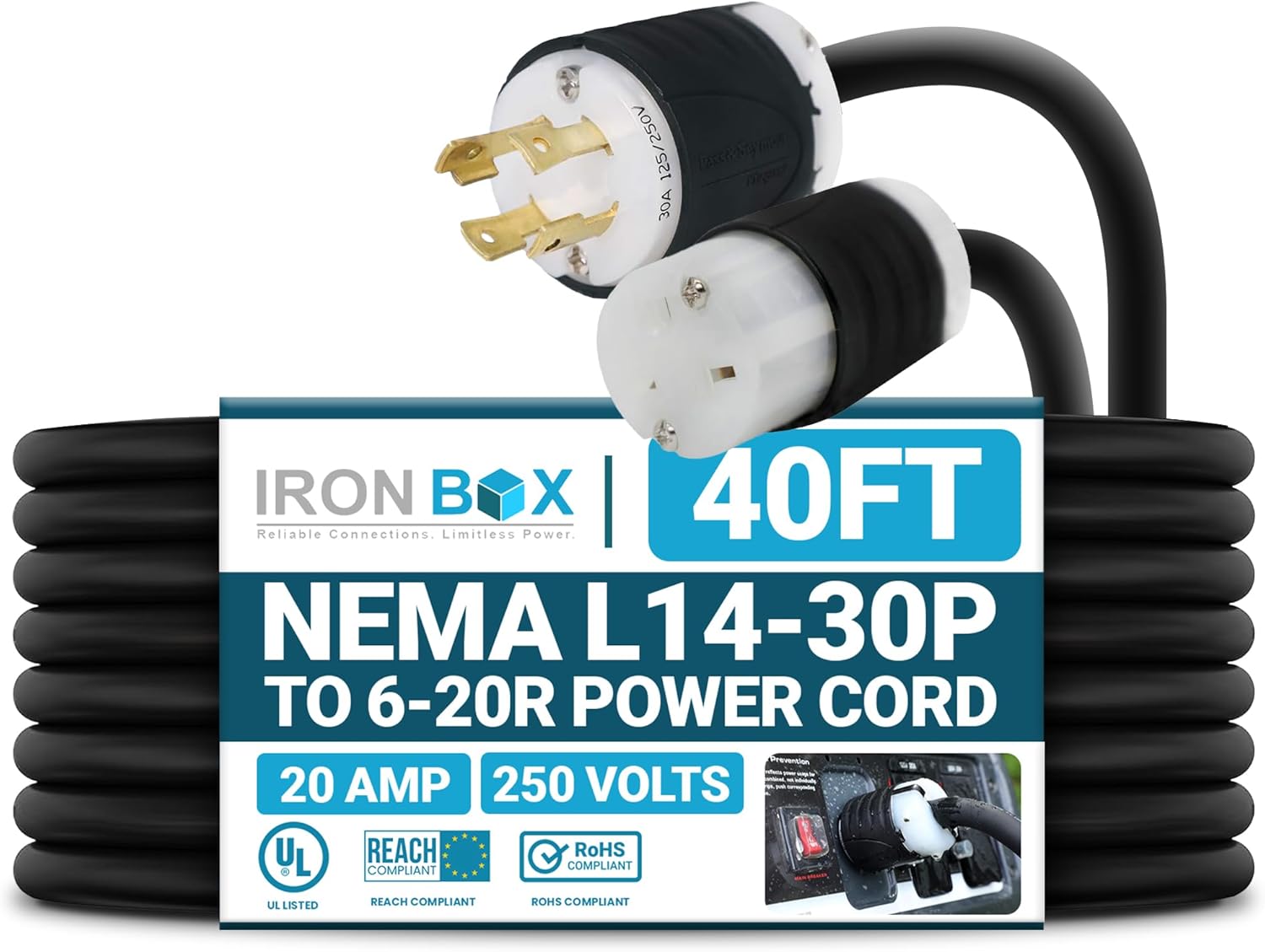 IronBox Electric NEMA L14-30P to 6-20R Power Cord Plug Adapter - 20A, 250V, 12/3 SJT - UL Listed Extension Cable - Heavy Duty Plug and Connector for Generator, Camper, Data Center & More (3ft, Build)