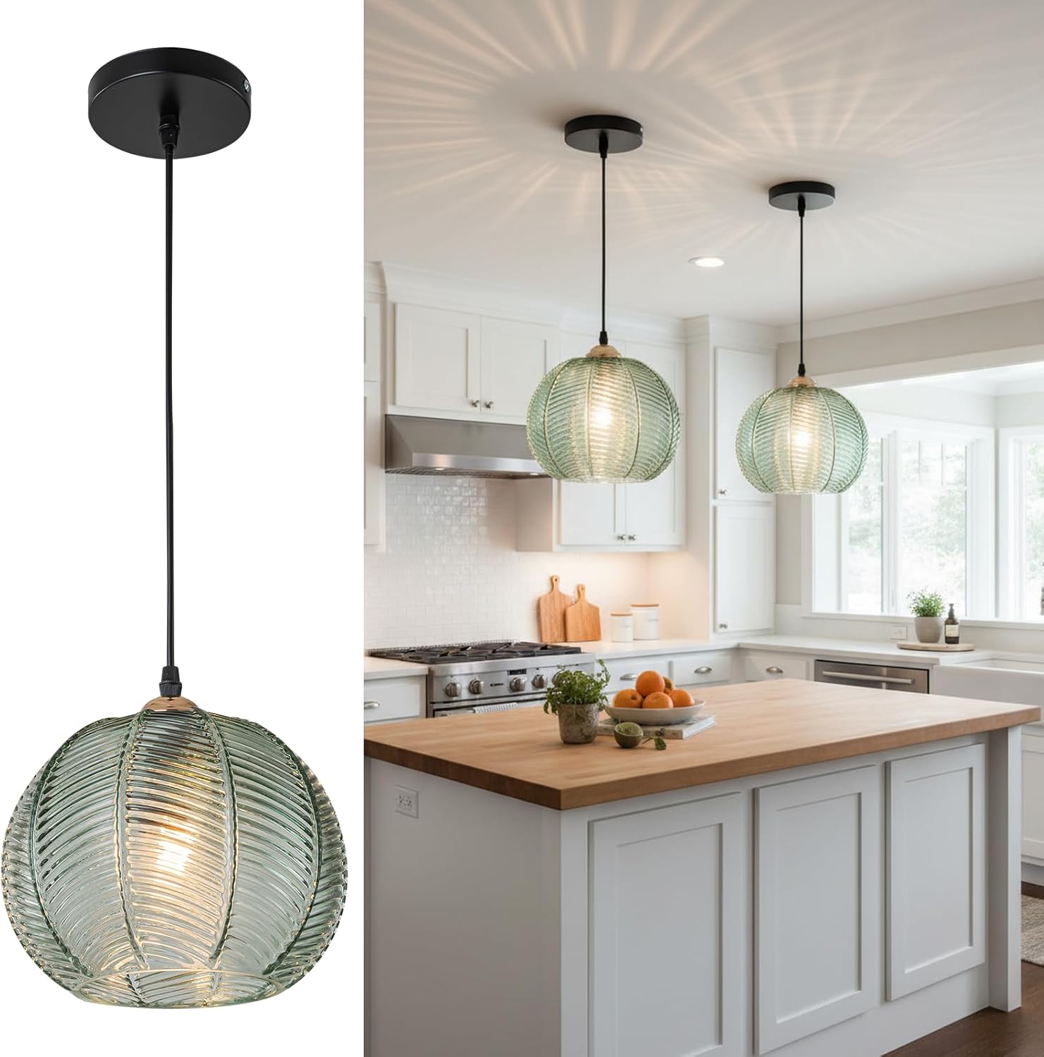 2 Pack Green Pendant Lights Kitchen Island, 8.6" Mid Century Modern Pendant Light Fixtures, Ribbed Glass Adjustable Farmhouse Hanging Lights for Dining Room Bedroom Hallway Entryway