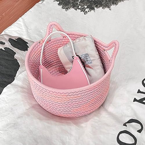 Miniatura 8 de Cestas pequeñas tejidas  Mini contenedores de almacenamiento  Organizadores de cuerda de algodón para guardería  Bonita cesta redonda de orejas de