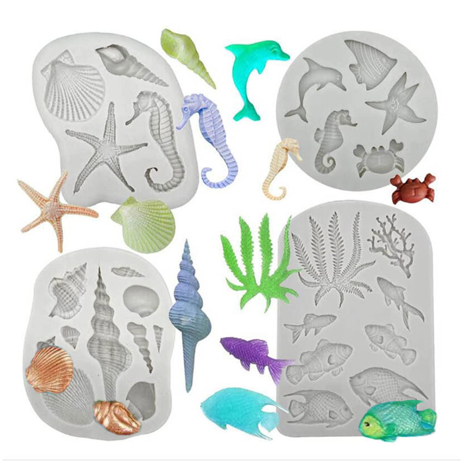 NEWFT 4Pcs / set Marine Themed Cake Fondant Silicone Mold Conch Baking Molds for Chocolate Candy Projects Marine Theme Baking Molds for Cake Decoration Chocolate Candy Crafting