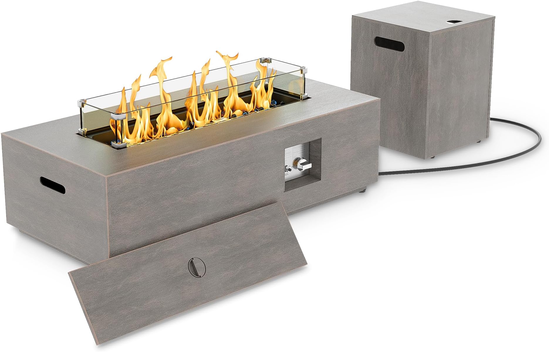 SUNPEAK 42" Rectangular Propane Fire Pit – 50,000 BTU Fire Table with Wind Guard Glass, Lid, Rocks and Cover – Backyard Fire Pits Outdoor – Propane Gas Fireplace for Deck or Patio (Grey, 42" Standard)