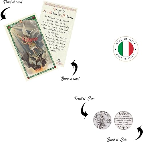 Miniatura 7 de Estatua de Arcángel de San Miguel de 3 pulgadas - Tarjeta de oración de San Miguel, moneda, oración del Señor - Conjunto pequeño de Arcángel San