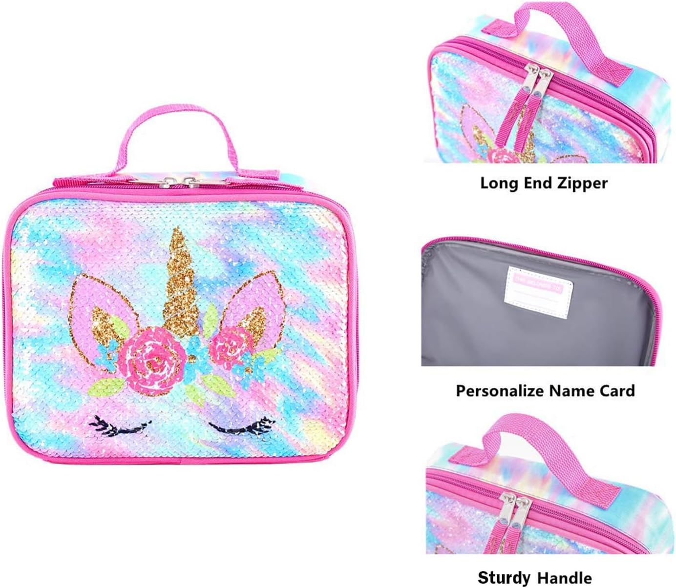 KK CRAFTS Cute Insulated Lunch Box For Girls Boys Kids Toddlers Preschool Kindergarten Elementary(Small,Sequin Rainbow Unicorn) - Image 6
