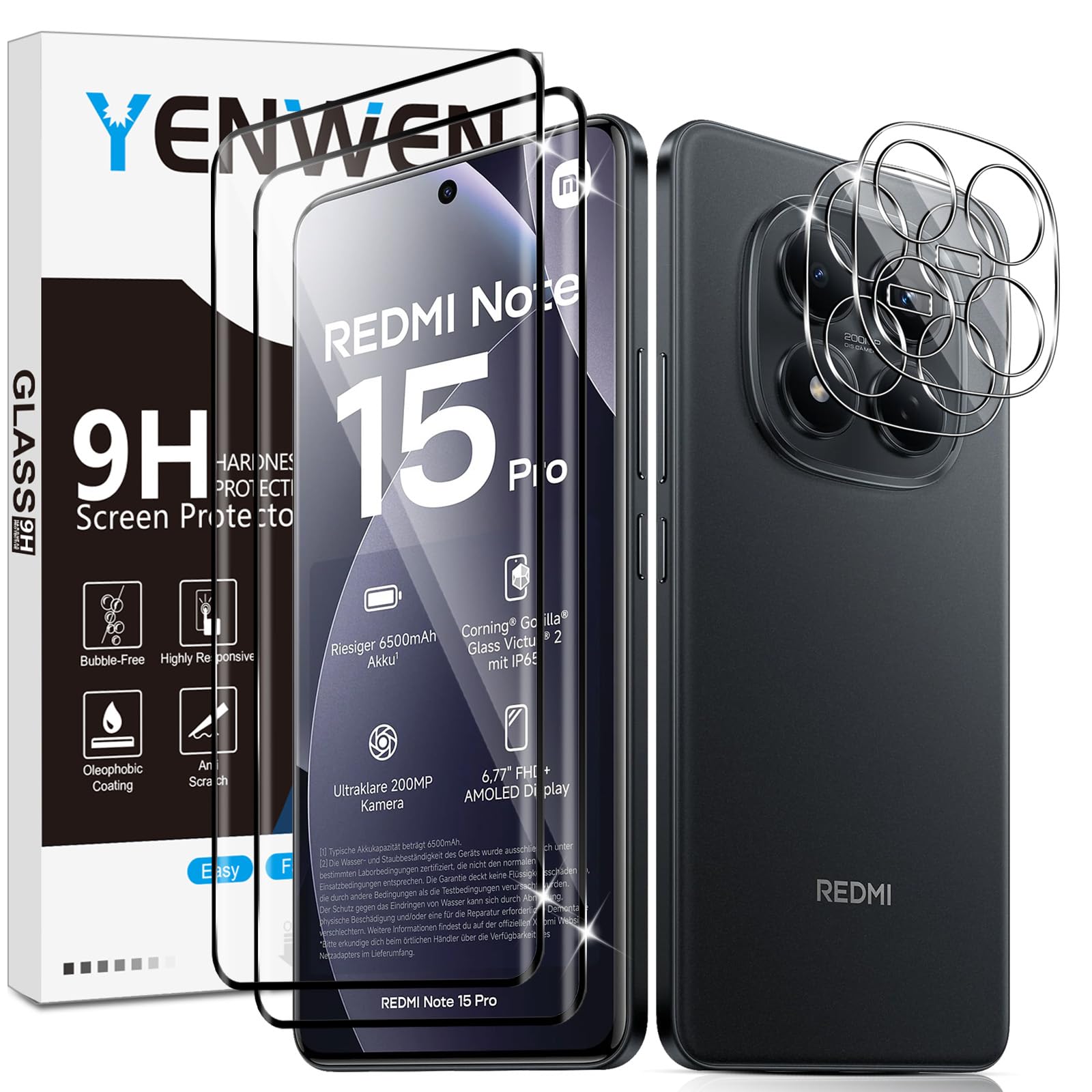 Yenwen für Panzerglas für Xiaomi Redmi Note 15 Pro 4G Schutzfolie, 2 Stück Displayschutz mit 2 Stück Kameraschutz Glas, 9H Härte Schutzglas Handy Folie HD Klar Panzer Schutz Glas