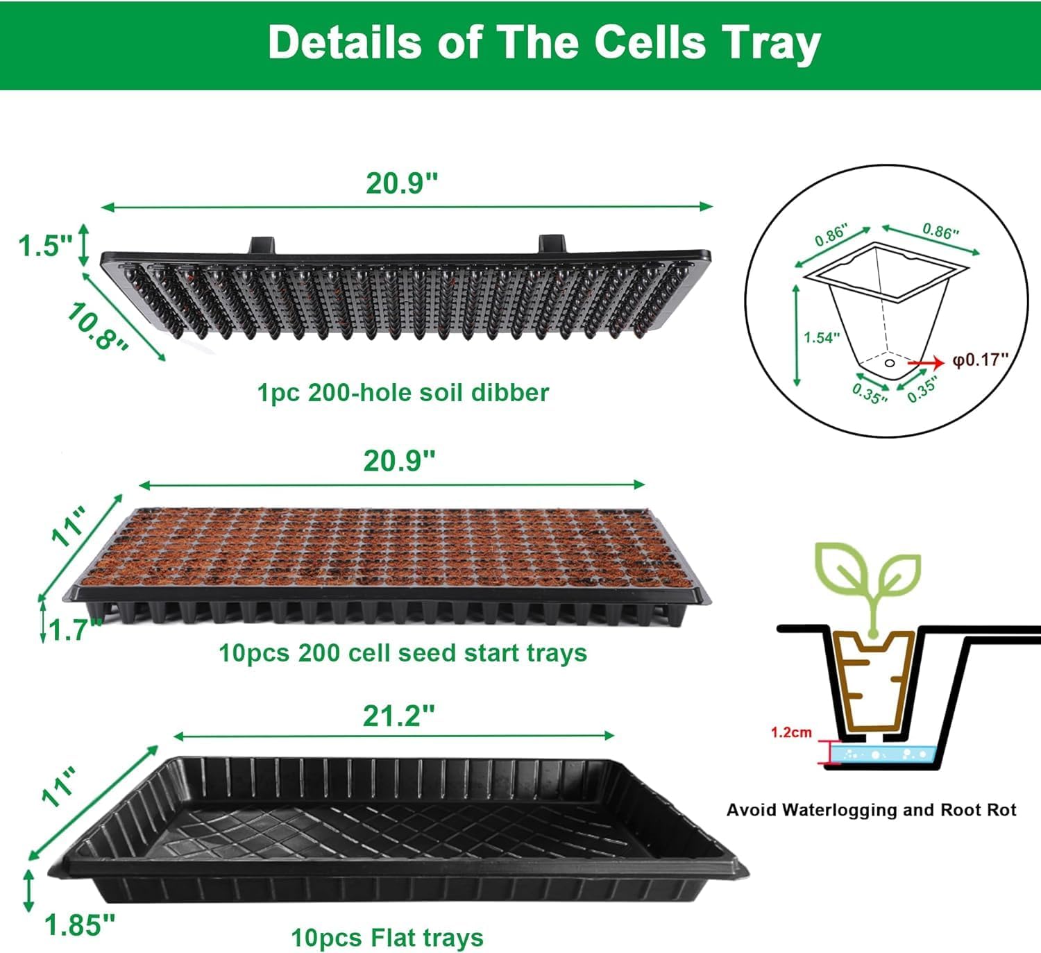 (20-Pack)200-Cell Seed Starter Trays with Dibber, 10 Pack Nursery Starting with Base Tray, 200 Hole Soil Digger for Setting Out Quickly, Seedling Planting Tray, Germination Kit Trays Reusable - Image 2