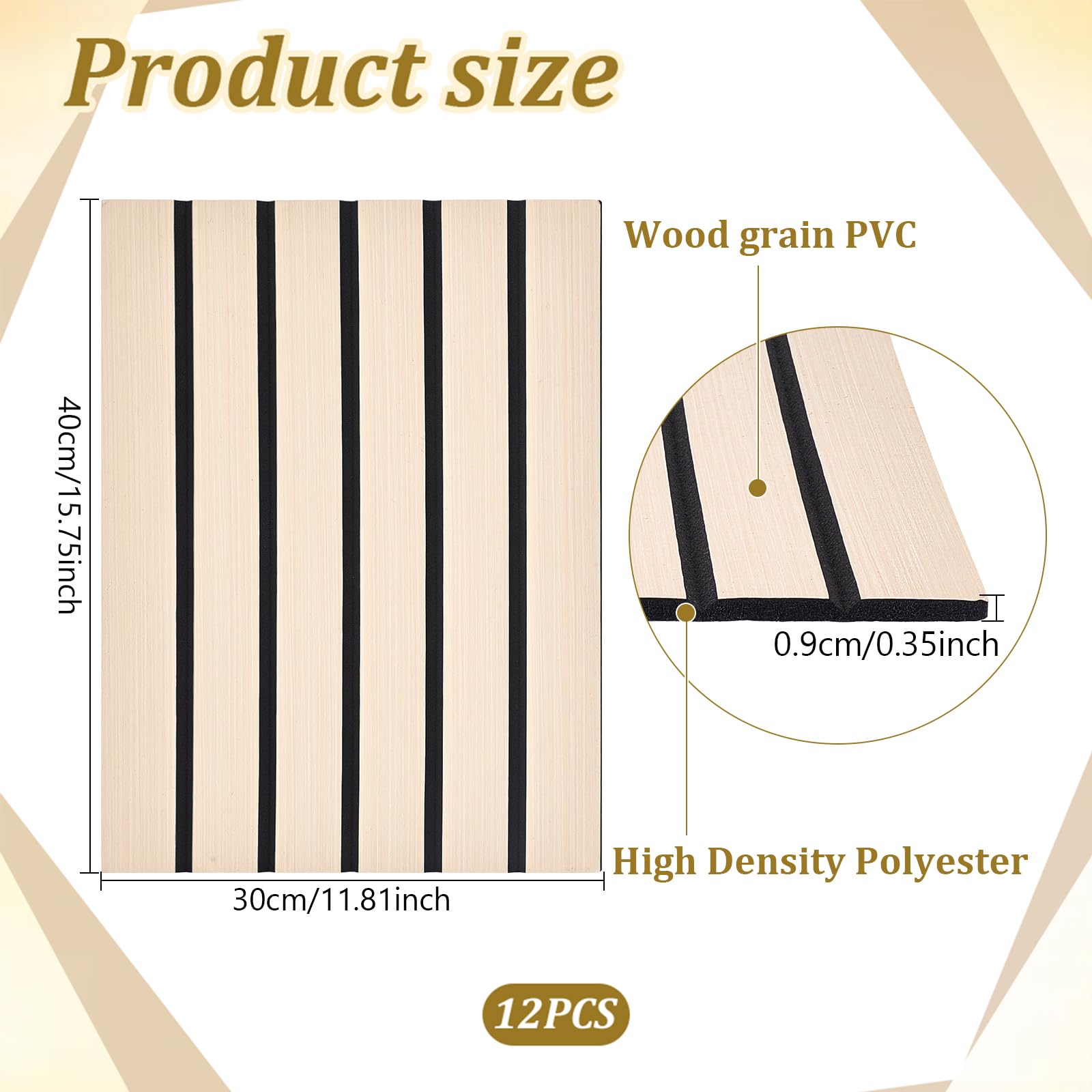 12 paneles acústicos decorativos de 40x30x0.9cm de espesor paneles de pared insonorizados de PVC con listones adhesivos de madera para oficina en casa o estudio de grabación