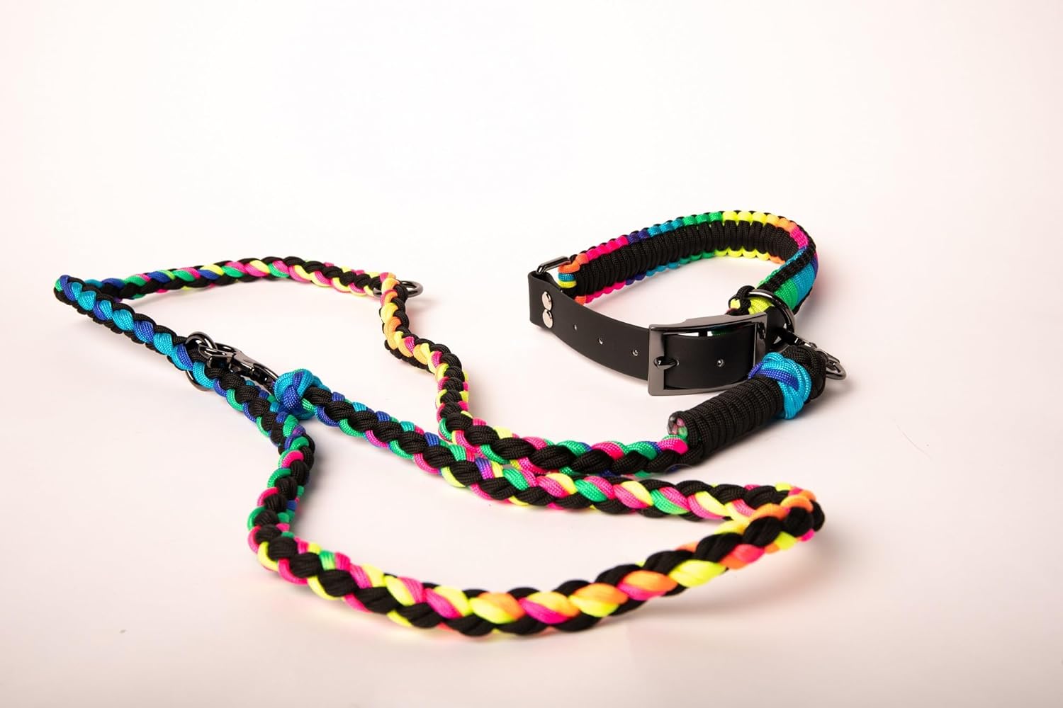 Parapaws Premium Braided Dog Collar and Leash Set - Adjustable & Durable Nylon Paracord for Small Medium & Large Dogs - Strong Heavy Duty Build for Walking Running & Training (XXL, Rainbow)