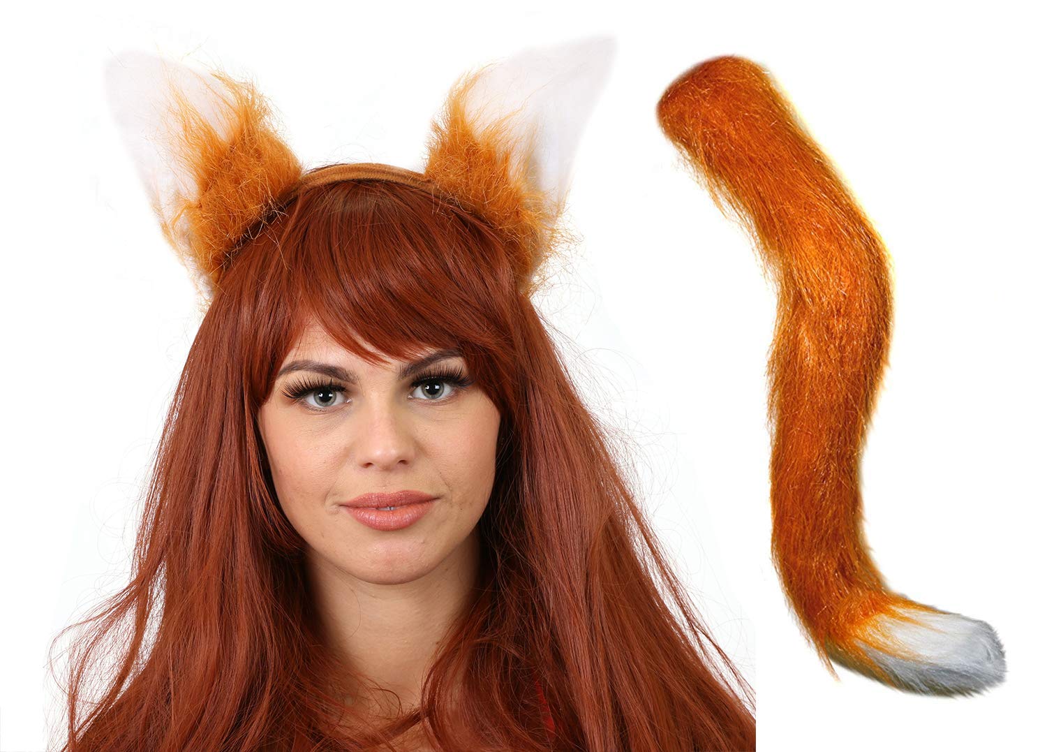 ADULTS FAUX FOX TAIL AND FAUX FUR FOX EARS ON A HEADBAND FANCY DRESS ACCESSORIES PERFECT FOR ANY FANCY DRESS PARTY OR PLAY , STAGESHOW COSTUME AND SCHOOL BOOK WEEK OR WORLD BOOK DAY (FLUFFY FOXTAIL - LENGTH 50CM - CIRCUMFERENCE 14CM)