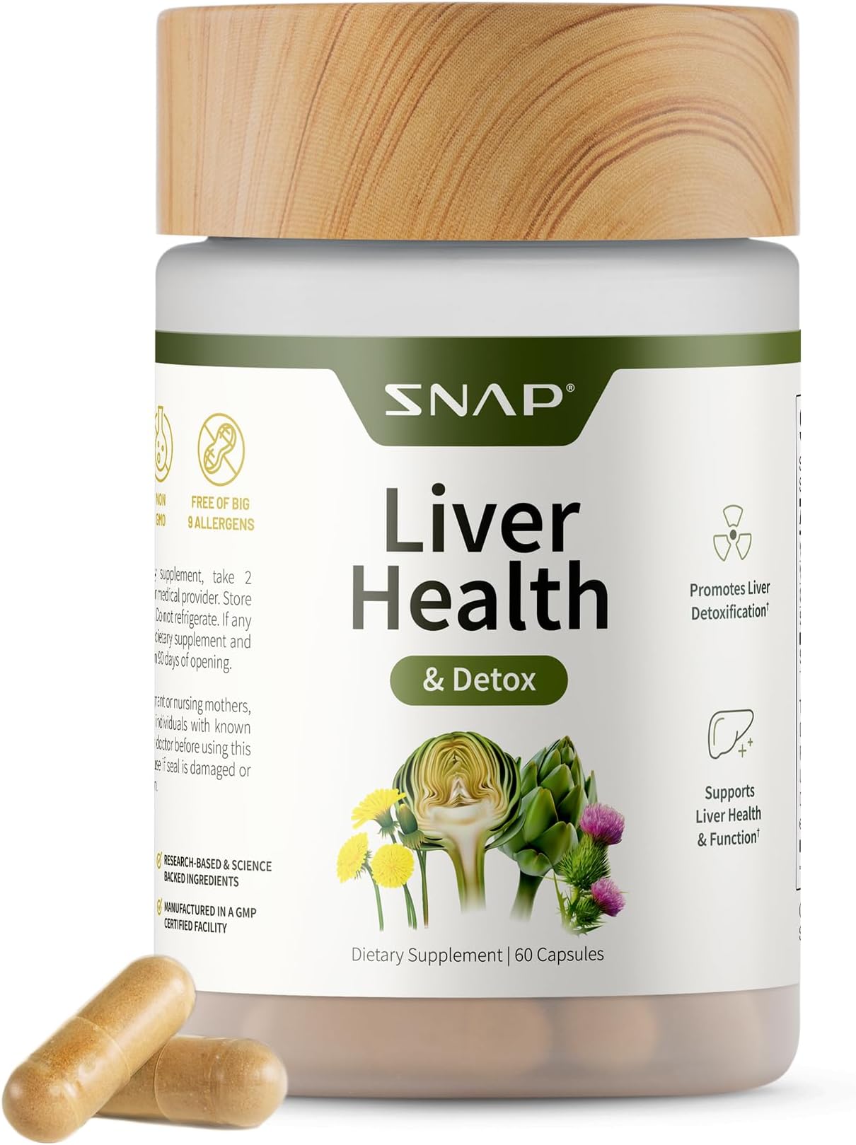 Snap Supplements - Liver Health Support with Milk Thistle, Artichoke Extract, Dandelion Root | Liver Cleanse Detox & Repair Formula | Liver Aid & Refresh with Organic & Natural Ingredients | 60 Caps