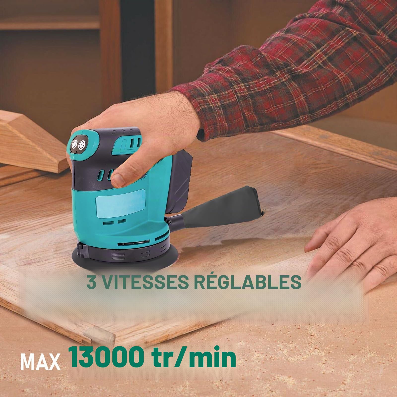 Ponceuse excentrique sans fil 125 mm, compatible avec la Makita DBO180Z, ponceuse électrique sans fil à 3 vitesses, pour le travail du bois et du métal, avec 2 batteries de 3000 mAh et un chargeur